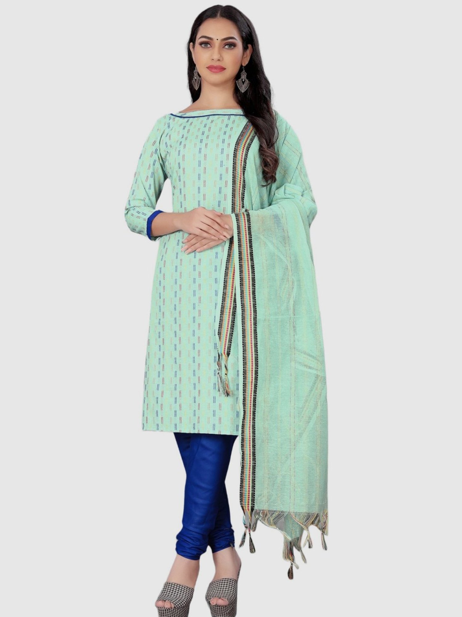 APNISHA Green & Blue Cotton Striped Unstitched Dress Material