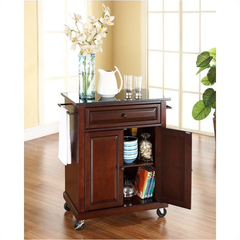 Wood Solid Black Granite Top Kitchen Cart in Mahogany Brown - Pemberly Row