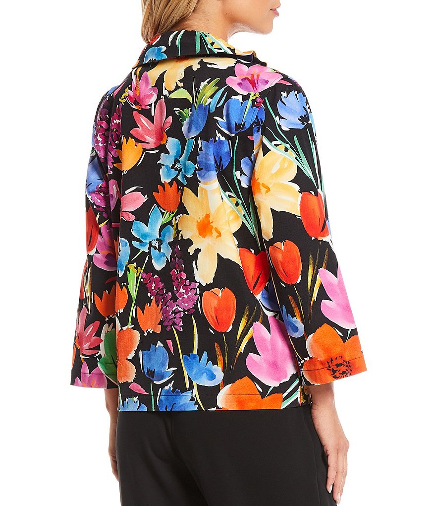 Caroline Rose Painted Garden Convertible Ruched Collar Stretch Cotton Zip Jacket