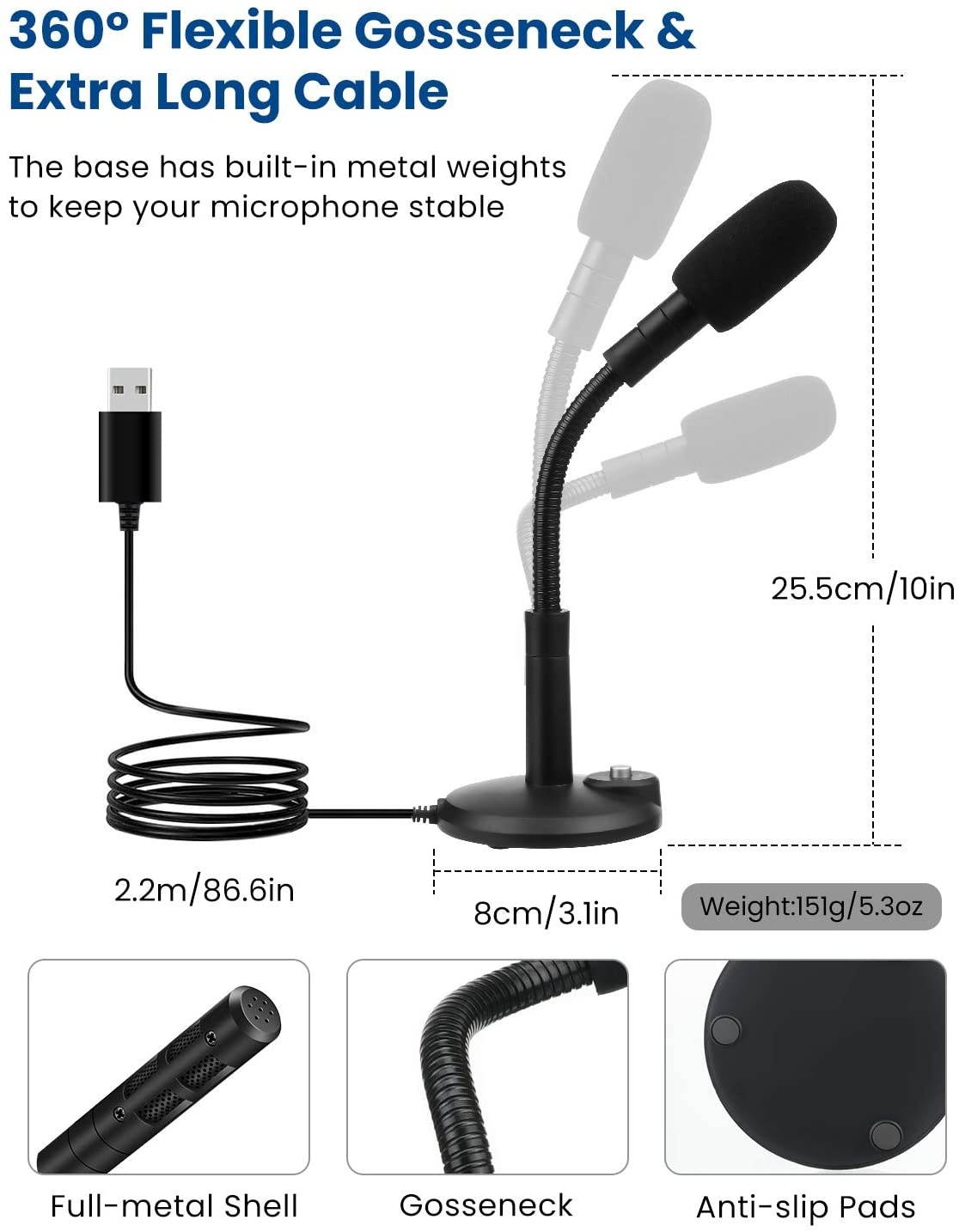 USB Microphone for Computer, ELEGIANT PC Microphone with Mute Button, LED Indicator Dictation Computer Microphone Plug and Play for PC Laptop Mac -YouTube Skype Recording Gaming Streaming (2m/6.5ft)