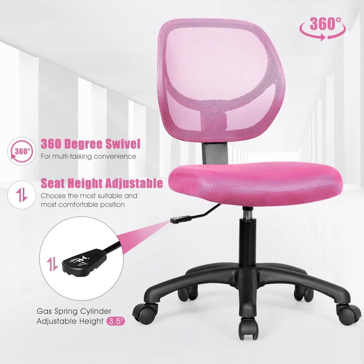 Costway Mesh Office Chair Low-Back Armless Computer Desk Chair Adjustable Height Pink