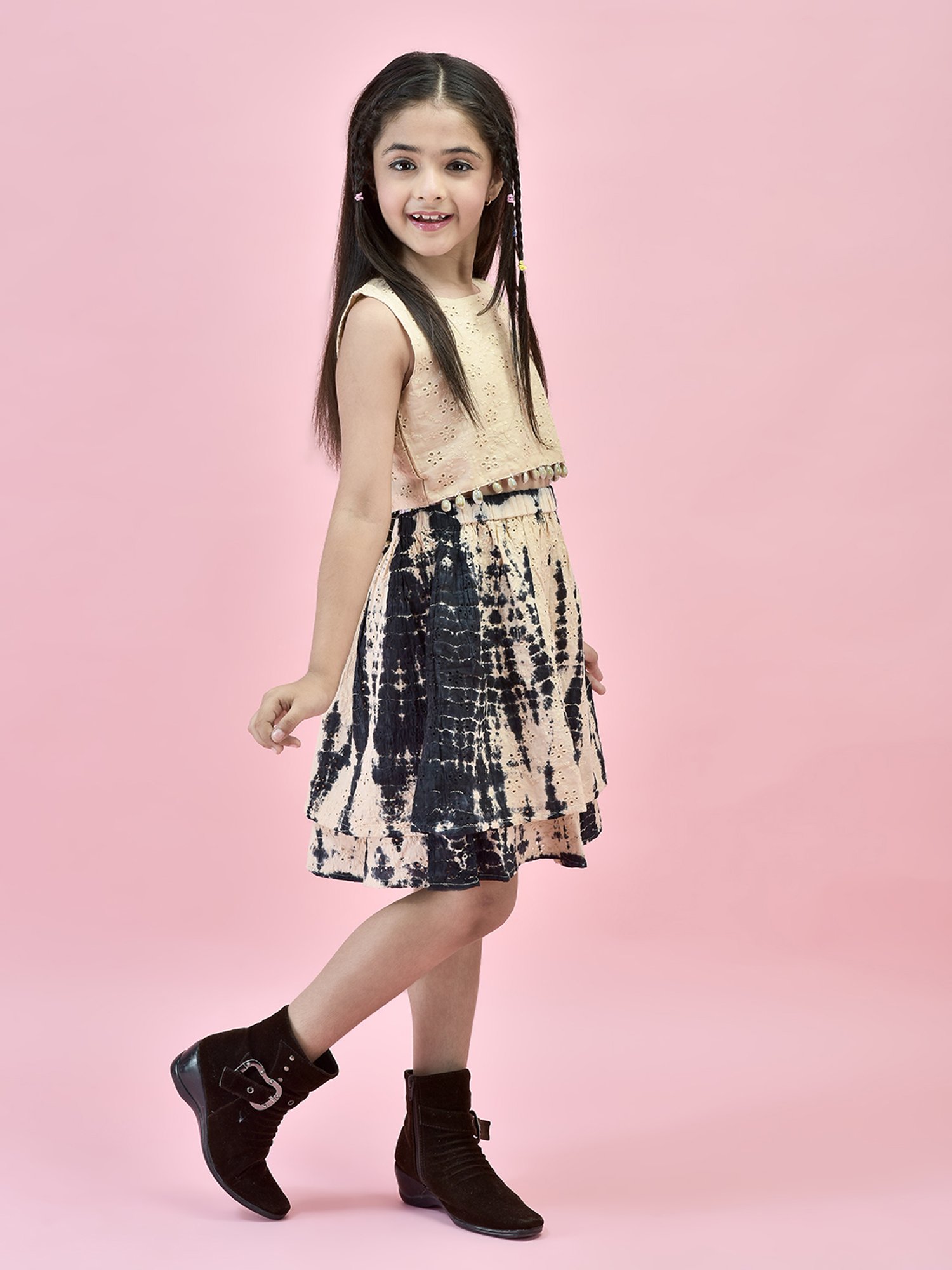 Juniper Girls Beige & Black Self Design Crop Top With Skirt