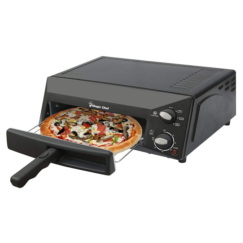 Magic Chef HQPZO13B Electric Kitchen Countertop 12 Inch Pizza Oven Maker Appliance Machine with Fold Away Handle and Removable Crumb Tray, Black