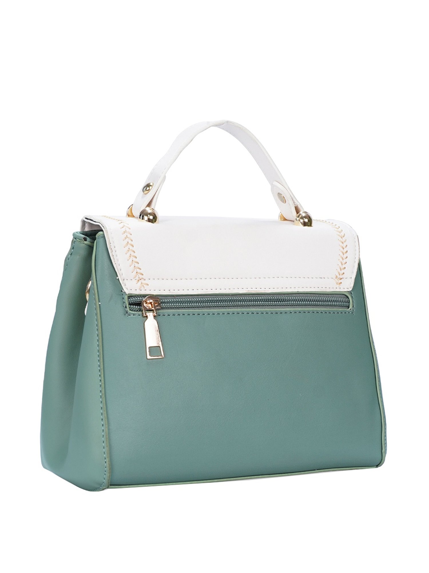 Luvoksi White & Green Embellished Medium Satchel Handbag