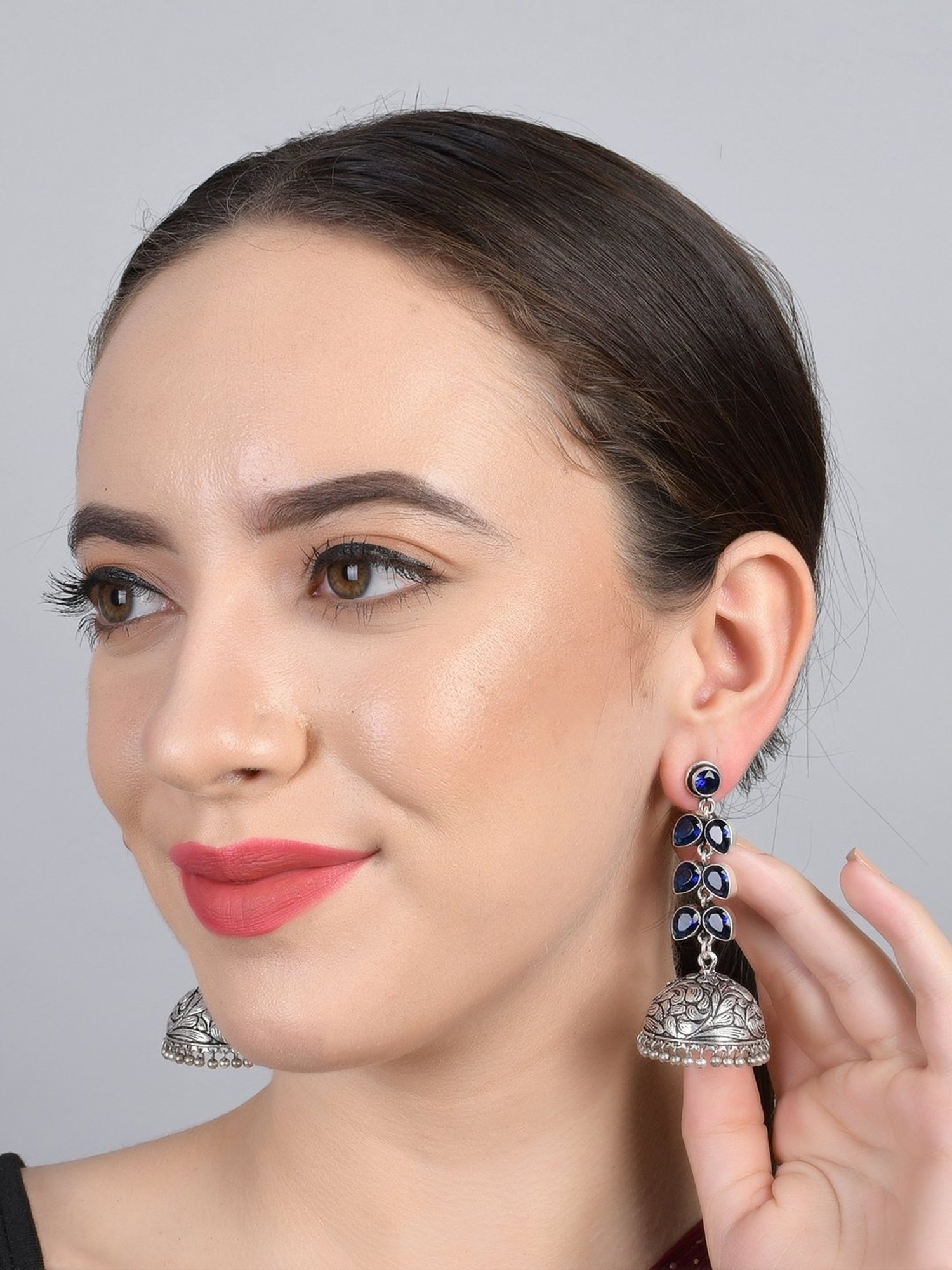 Imli Street Blue SilverBlack Tone Handcrafted Jhumki Earrings