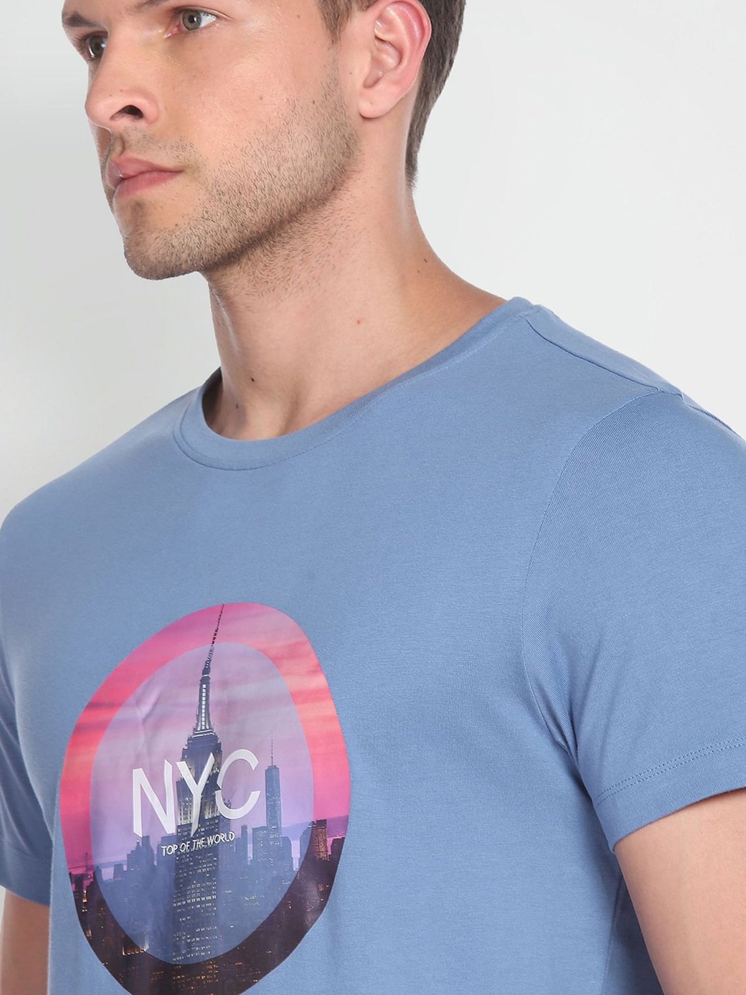 Arrow Sport Blue Cotton Regular Fit Printed T-Shirt