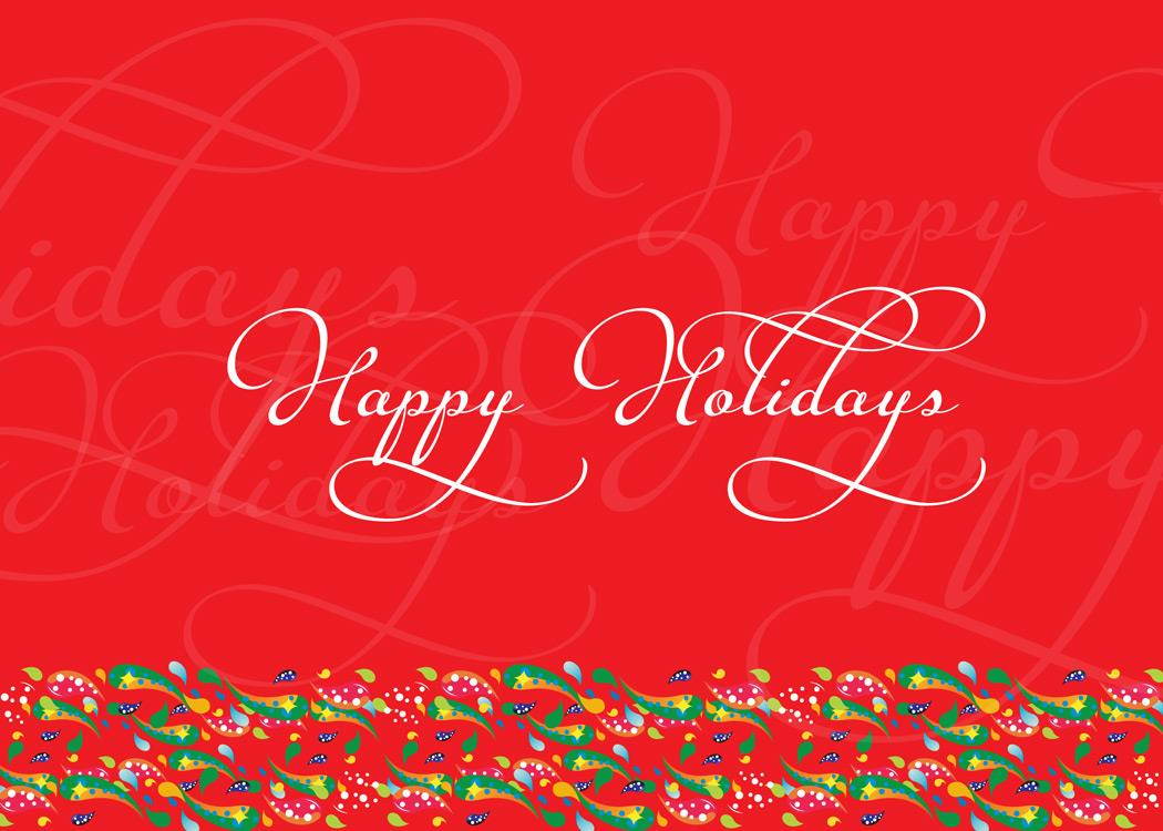 Holiday Greeting Cards - H1114. Greeting Cards with a Red Background and Happy Holidays. Box Set Has 25 Greeting Cards and 26 White with Red Foil Lined Envelopes.