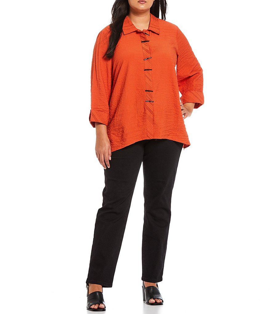 Ali Miles Plus Size Crinkle Stripe Button Front Point Collar Neck French Cuff 3/4 Sleeve Tunic