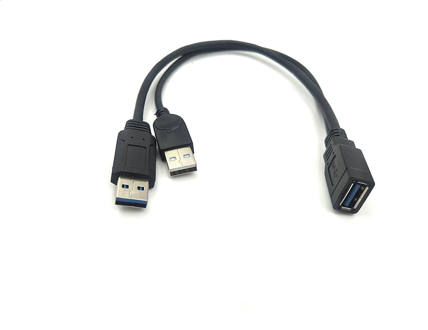 USB 3.0 Y Splitter Cable 30CM/1ft USB 3.0 Type A Female to Dual USB Male 1 to 2 Sync Data Charging Converter Y Extension Cable Cord (One Side Only for Charging) (1FM/2M)