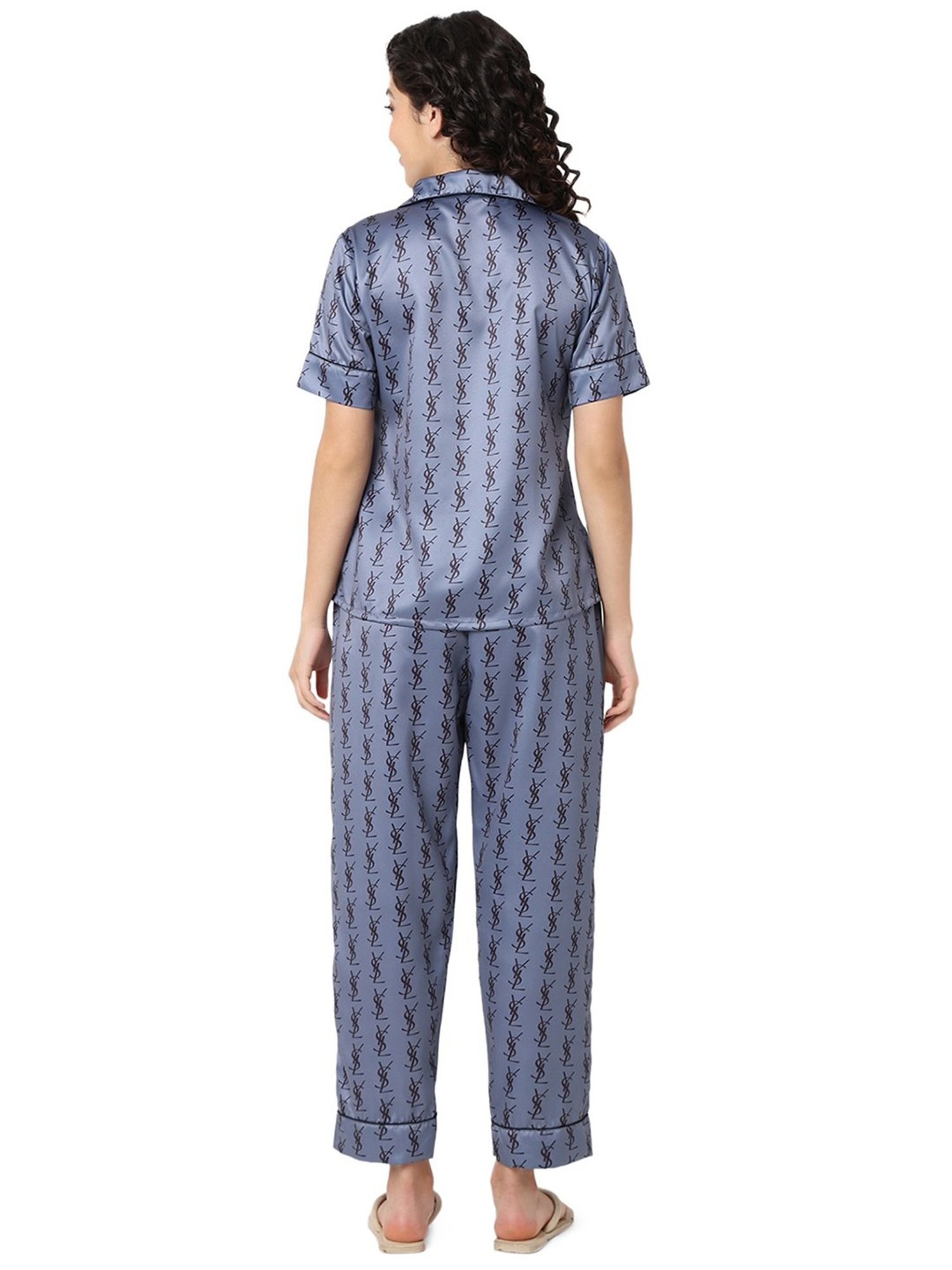 Smarty Pants Light Grey & Black Satin Printed Shirt With Pyjamas