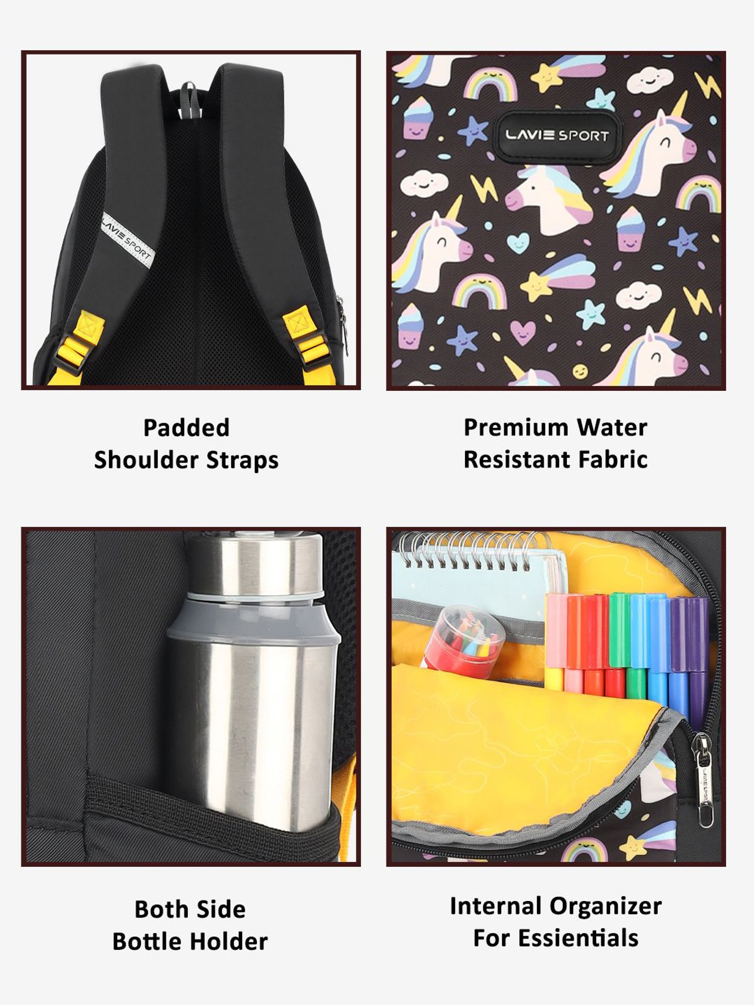 Lavie Sport Unicorn Horn 26L Printed School Backpack for Girls (Black)