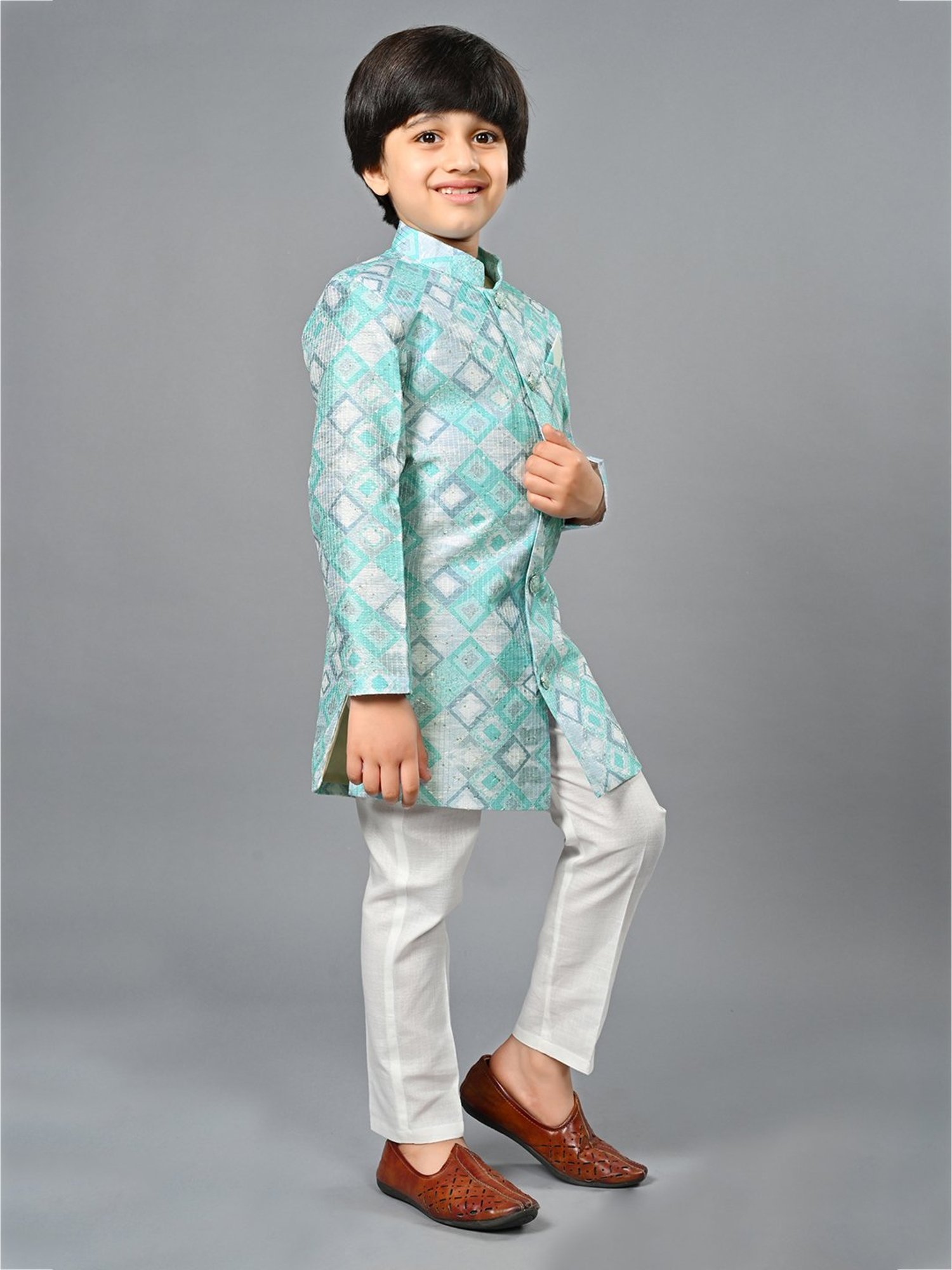 Ahhaaaa Kids Blue & White Embellished Full Sleeves Sherwani With Pyjamas