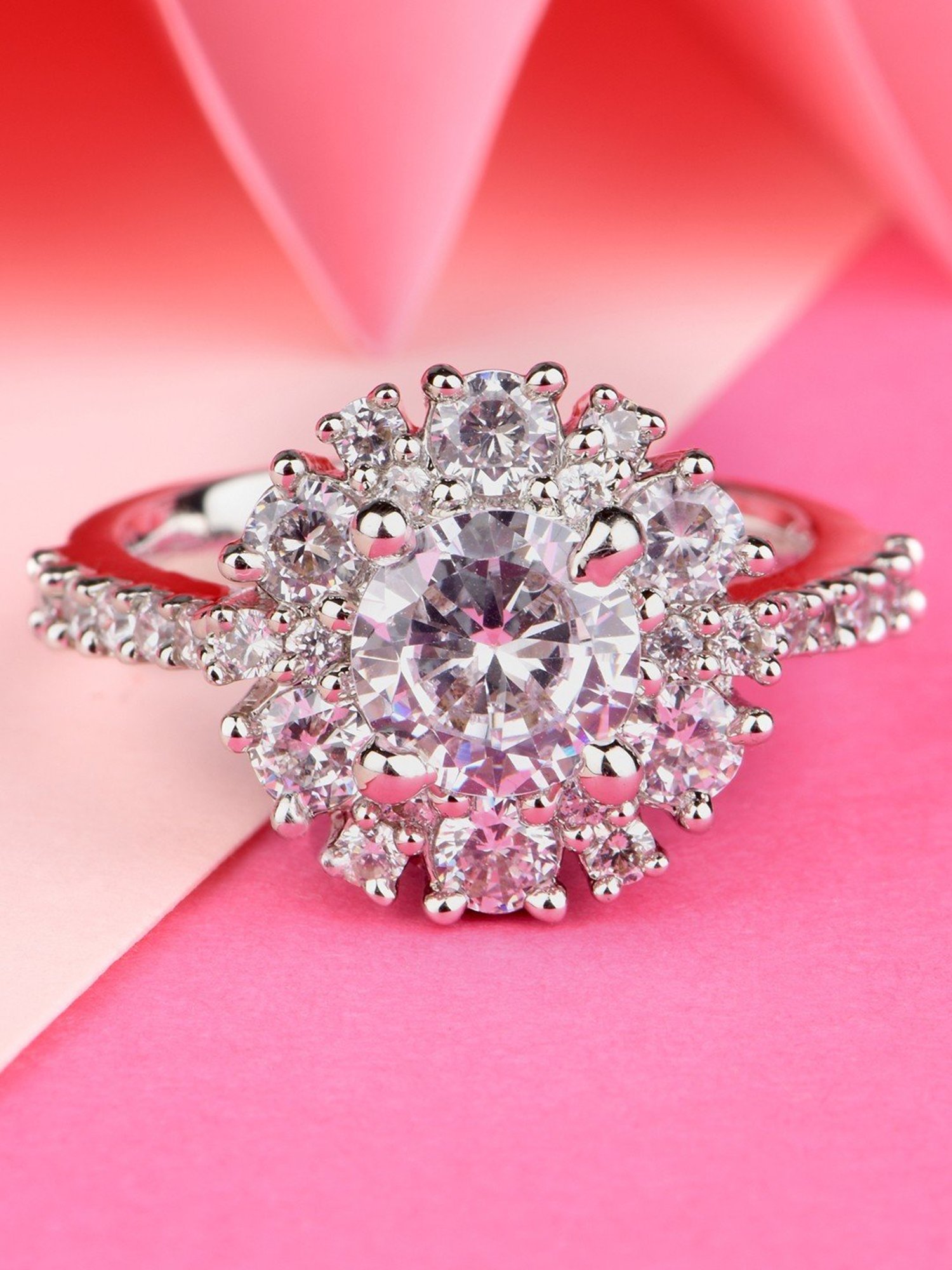 Lilly & Sparkle Brass Rhodium Plated Floral Adjustable Finger Ring with CZ Stone