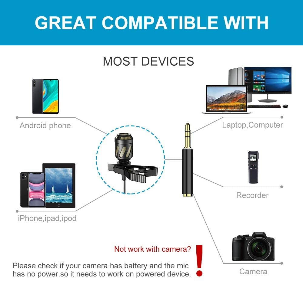 18 Feet Lavalier Microphone, 2 Pack Lapel Microphones for iPhone,Android, PC,Computer,Laptop,Camera,Professional Condenser mic for YouTube,Interview,Video,Include Various Accessories