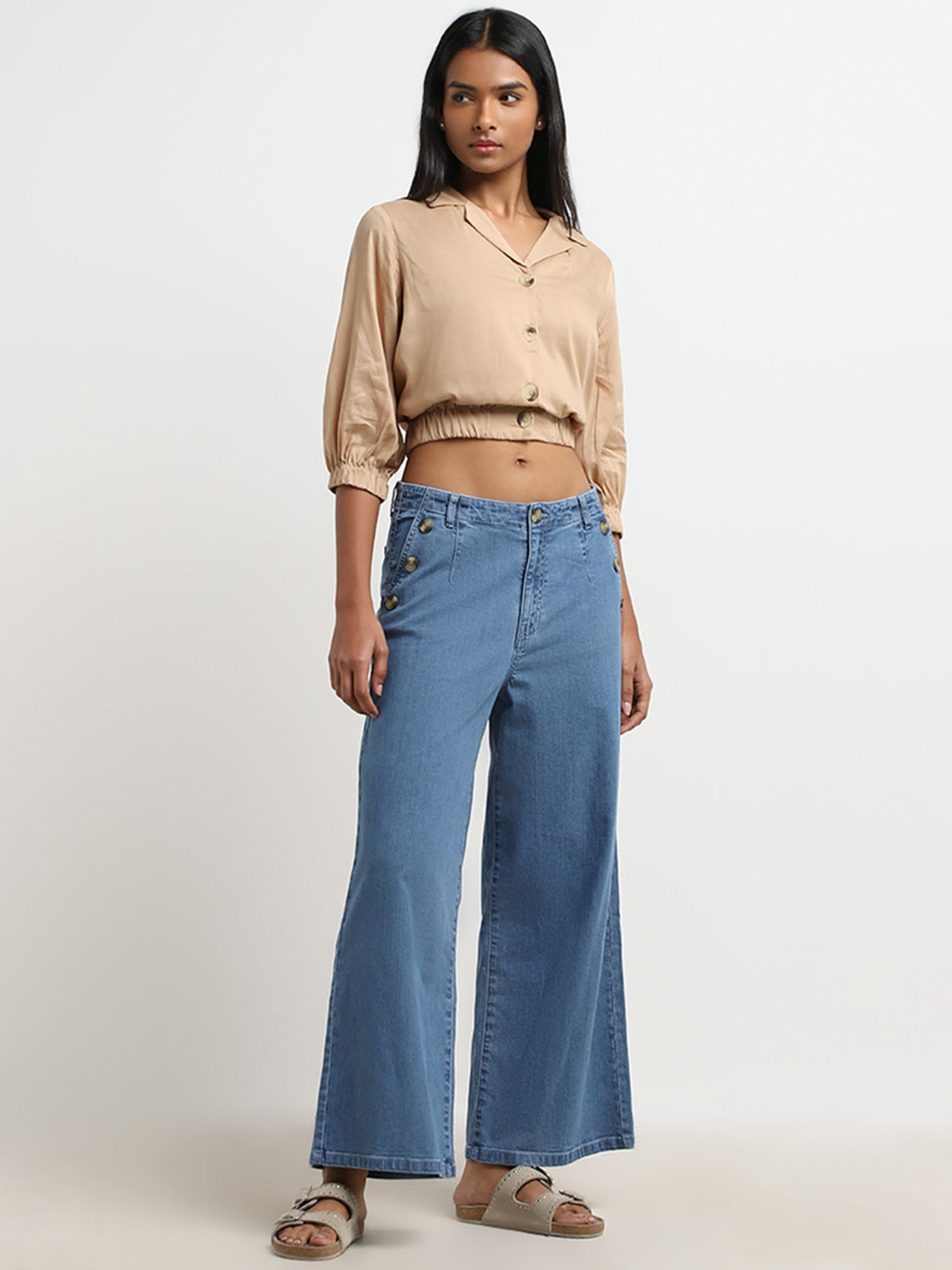 LOV by Westside Beige Solid Cropped Blouse