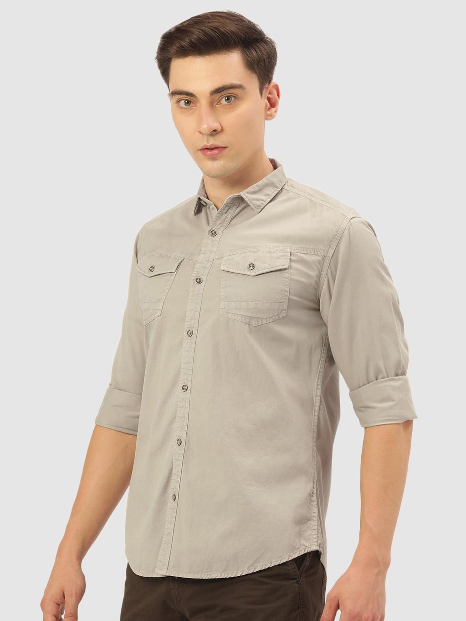 IVOC Light Grey Slim Fit Cotton Shirt