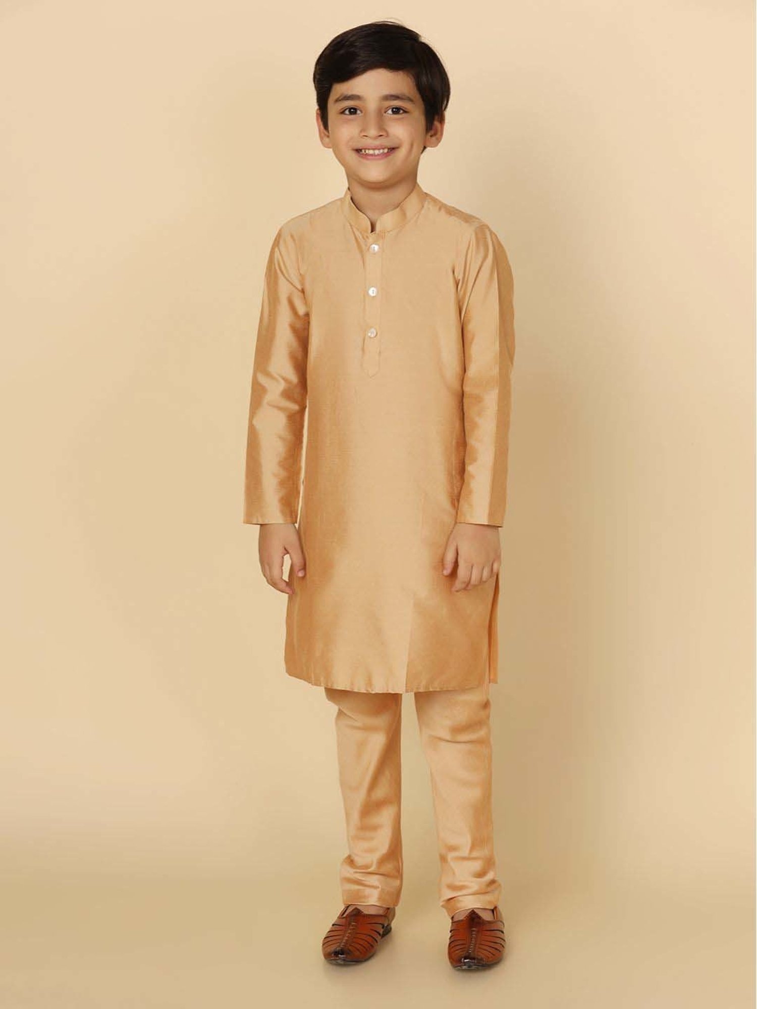 KISAH Kids Golden Regular Fit Full Sleeves Kurta Set