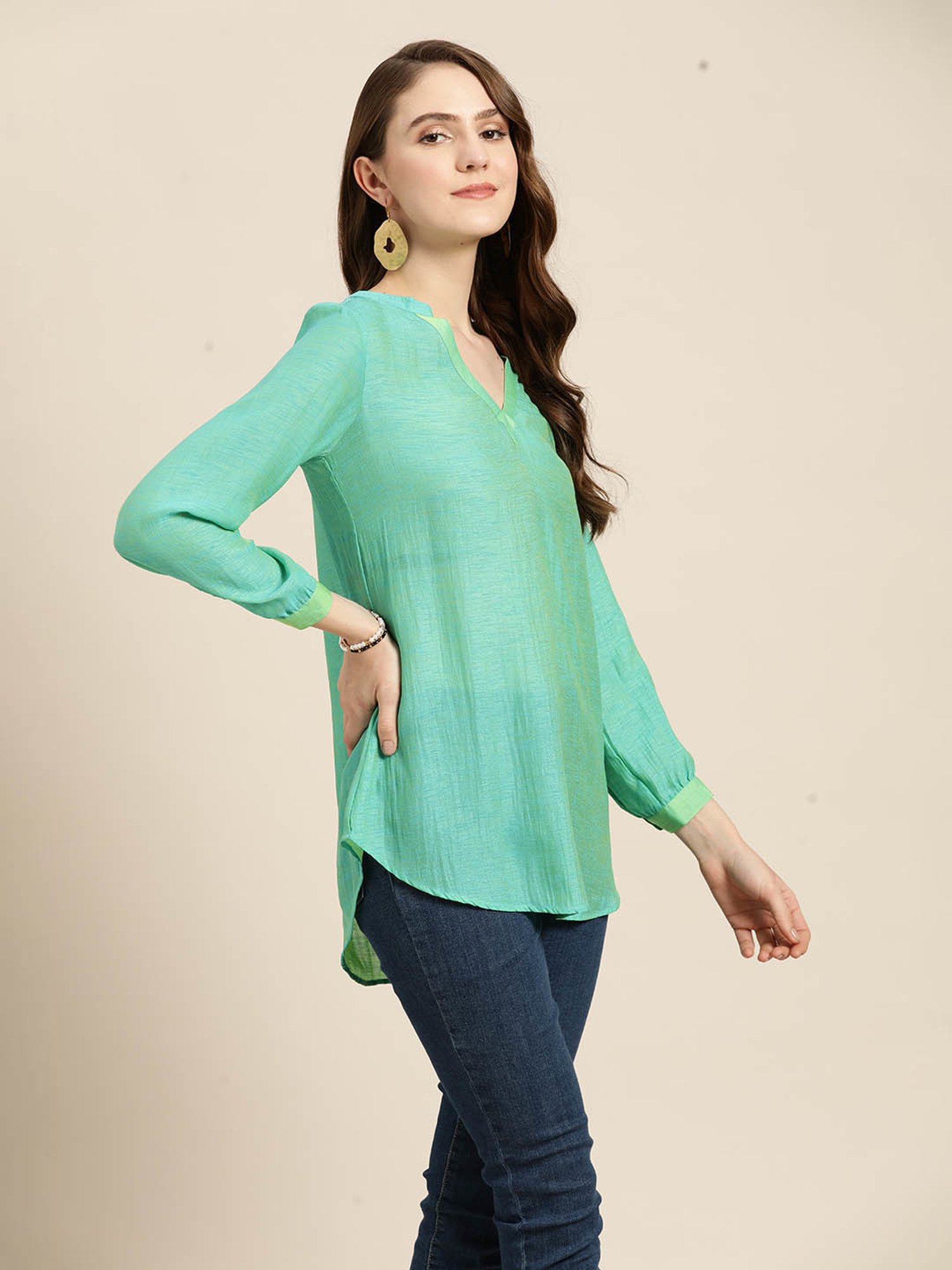 Qurvii Turquoise Silk Regular Fit Top