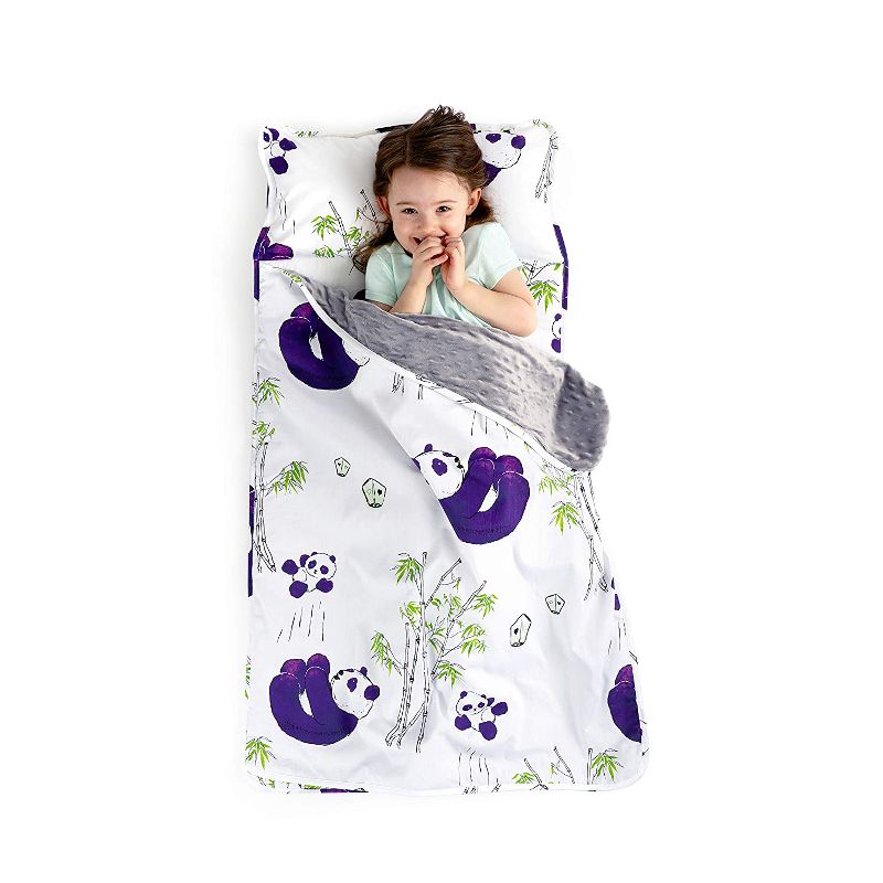 JumpOff Jo Toddler Nap Mat - Children's Sleeping Bag with Removable Pillow for Preschool, Daycare, and Sleepovers - 43 x 21 Inches - Playful Pandas