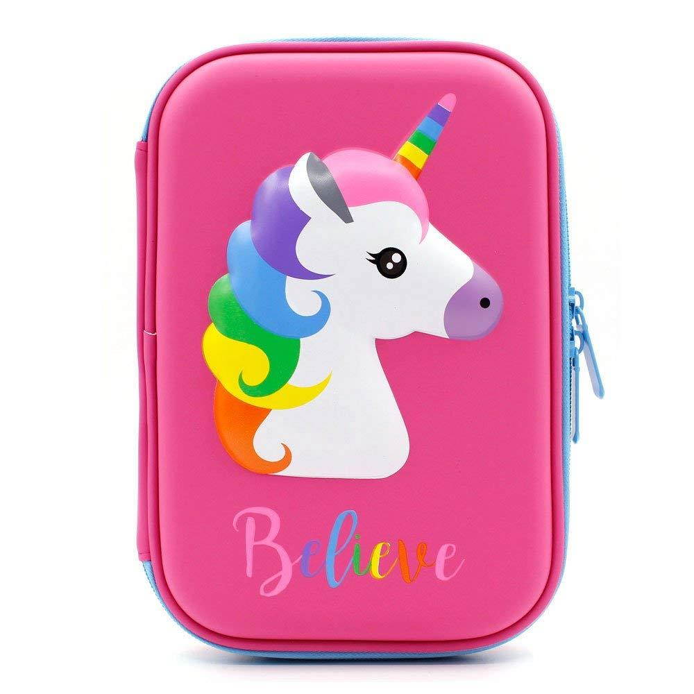 Cute Unicorn Embossed Hardtop Pencil Case - Kids Large Colored Pen Holder Box with Compartments - Girls Cosmetic Pouch Bag Stationery Organizer (Hot Pink)