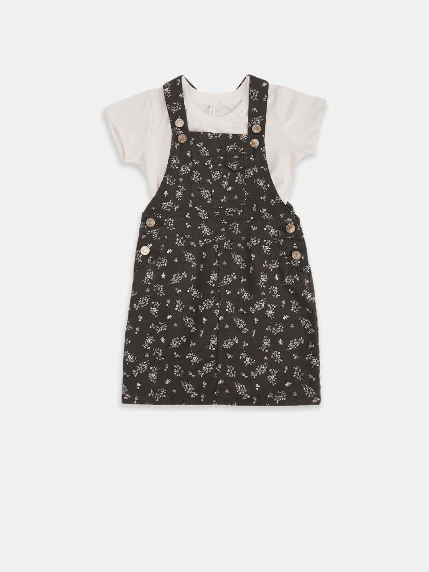 Pantaloons Junior Black & Pink Cotton Floral Print Dress Set