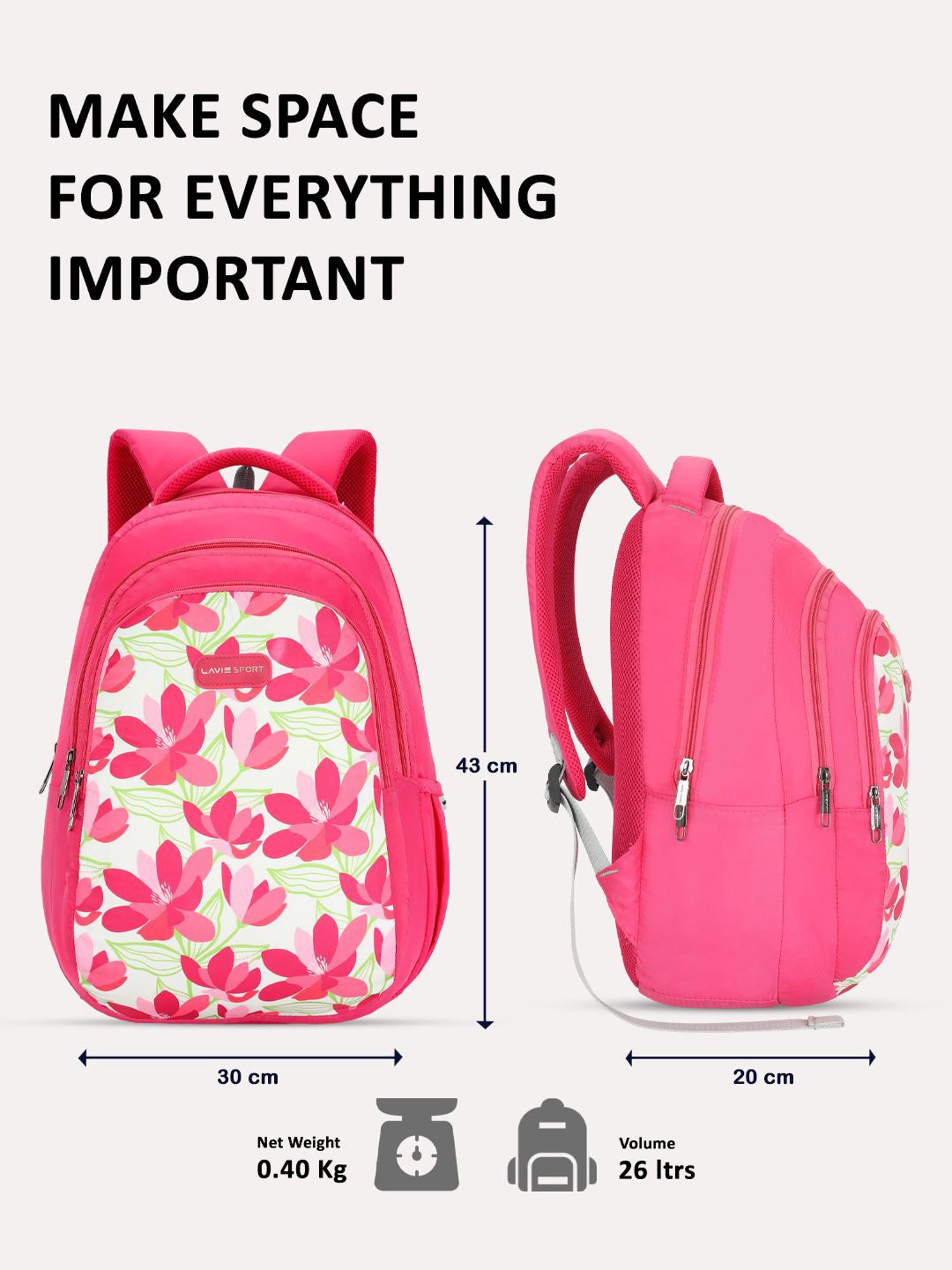 Lavie Sport Carolina Magenta Polyester Printed Laptop Backpack - 26 Ltrs