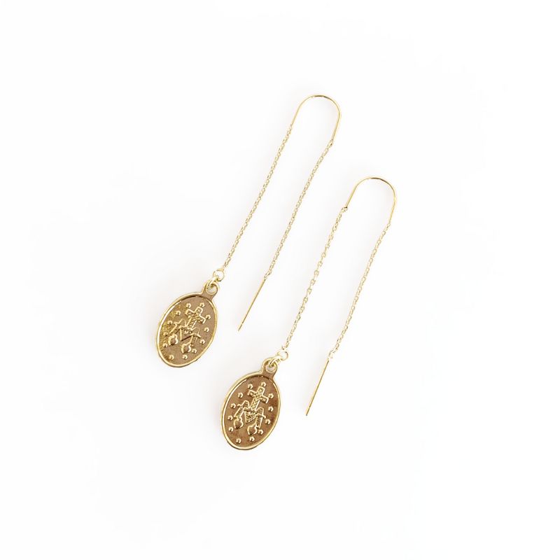 Sanctuary Project Dainty Oval Saint Medallion Coin Threader Drop Earrings Gold