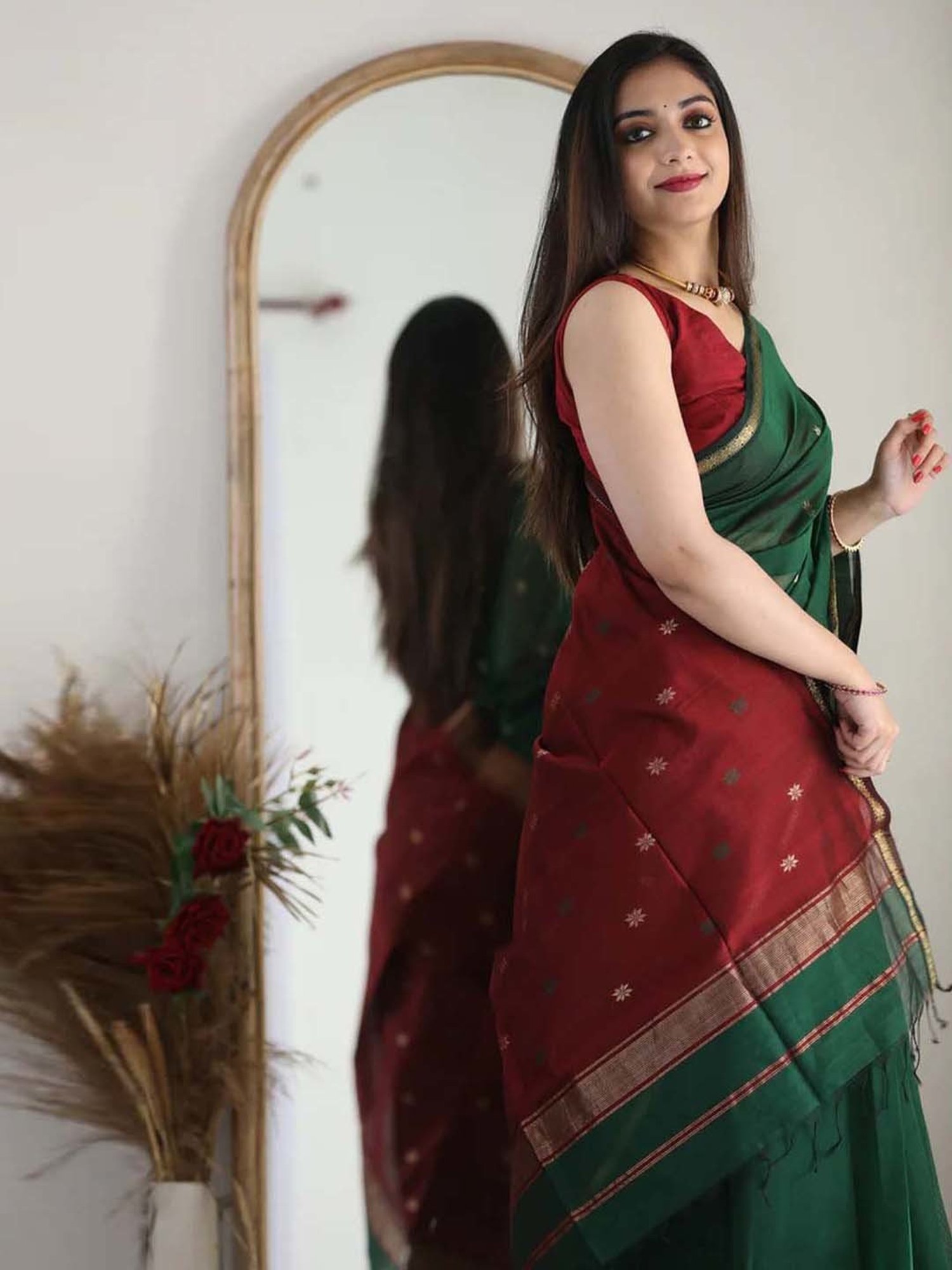 SHUBHKALA Green & Maroon Silk Woven Saree With Unstitched Blouse