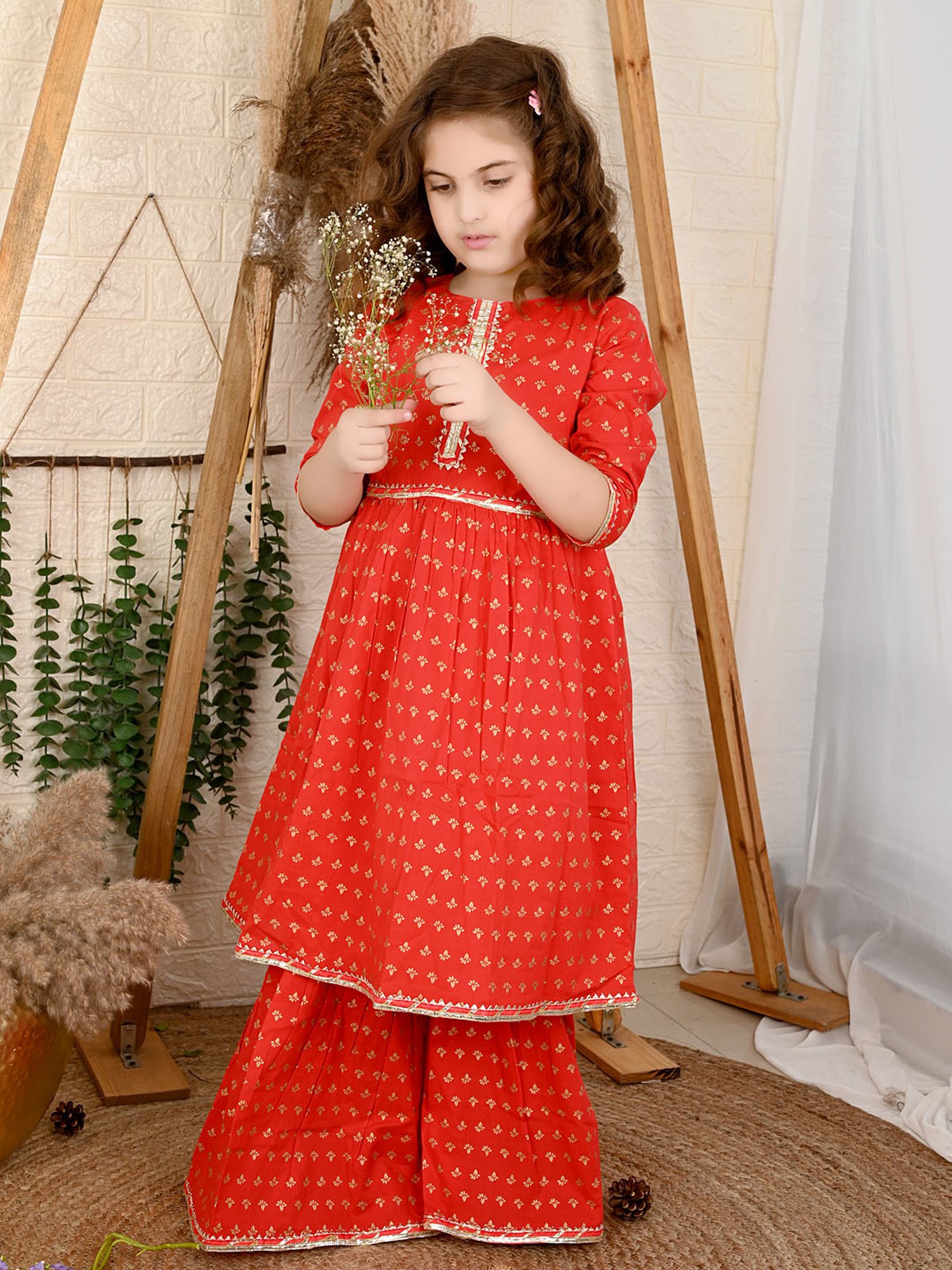 LilPicks Kids Red Printed Kurta with Sharara