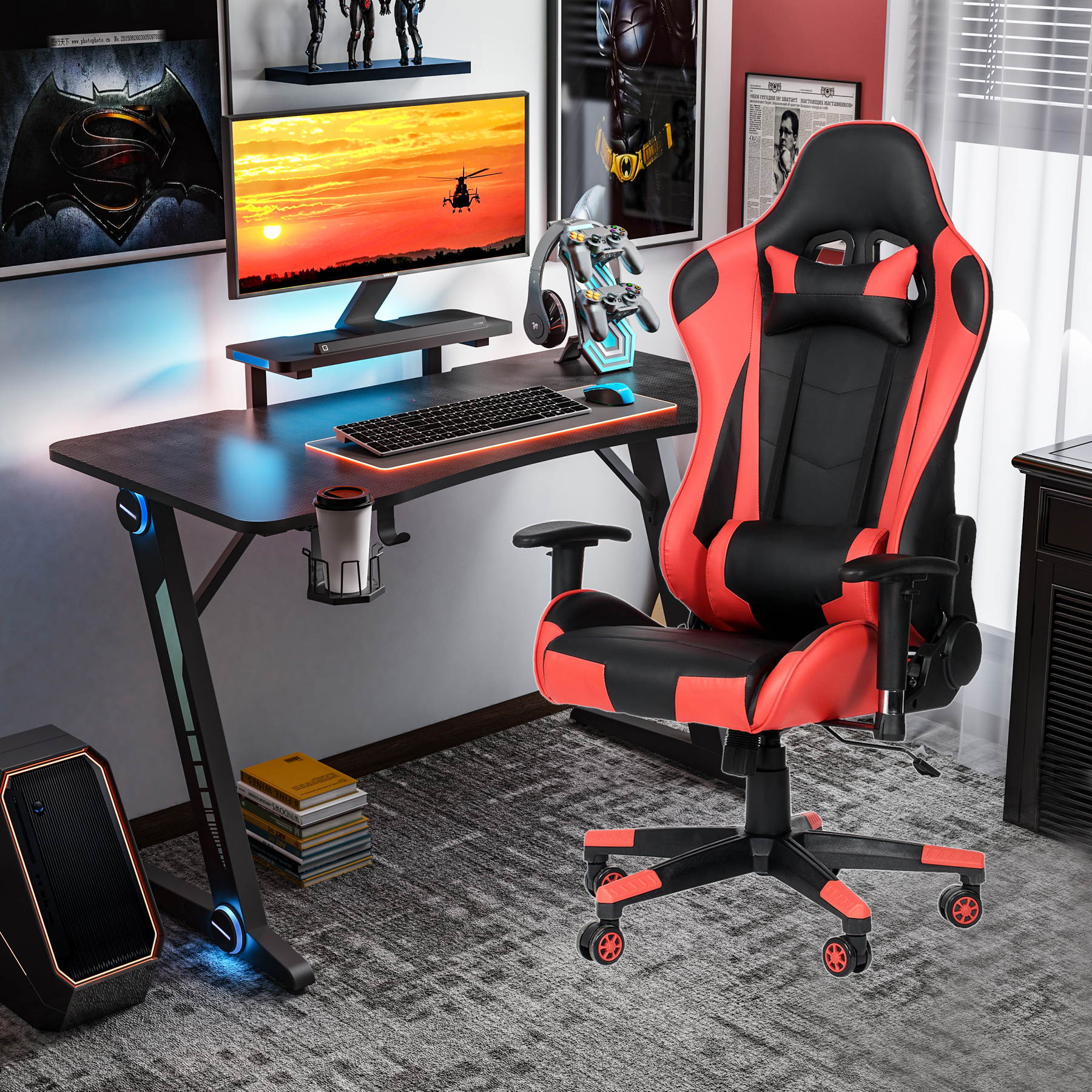 47.2 Inch Z-Shaped Gaming Desk with Adjusted Reclining Ergonomic PU Gaming  Chair Home Office Desk and Chair Set Gamer Workstation with Monitor Stand Carbon Fiber Surface Gamer Table with RGB Lights