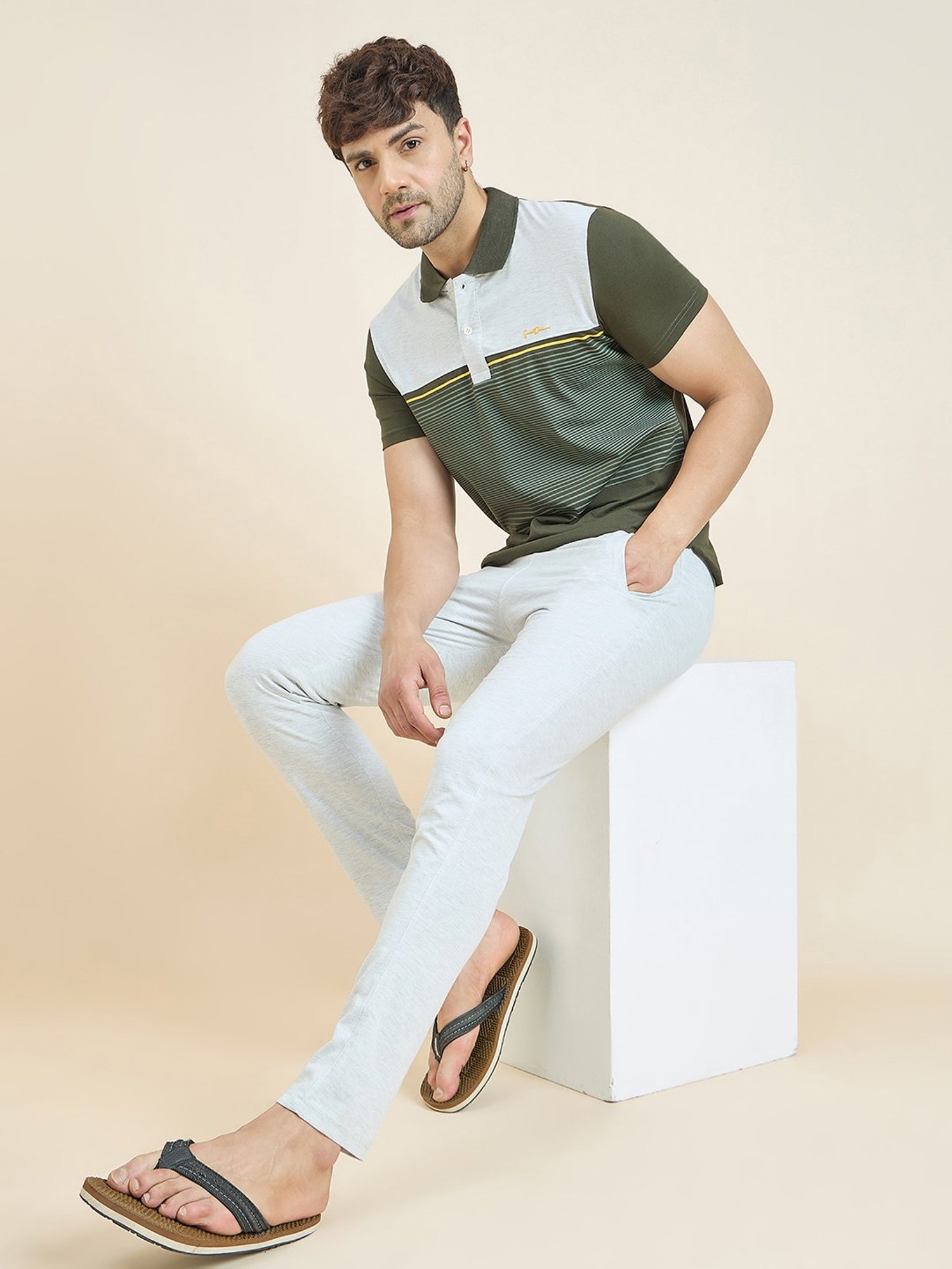 Sweet Dreams Olive & Off White Regular Fit Printed T-Shirt & Pyjamas Set