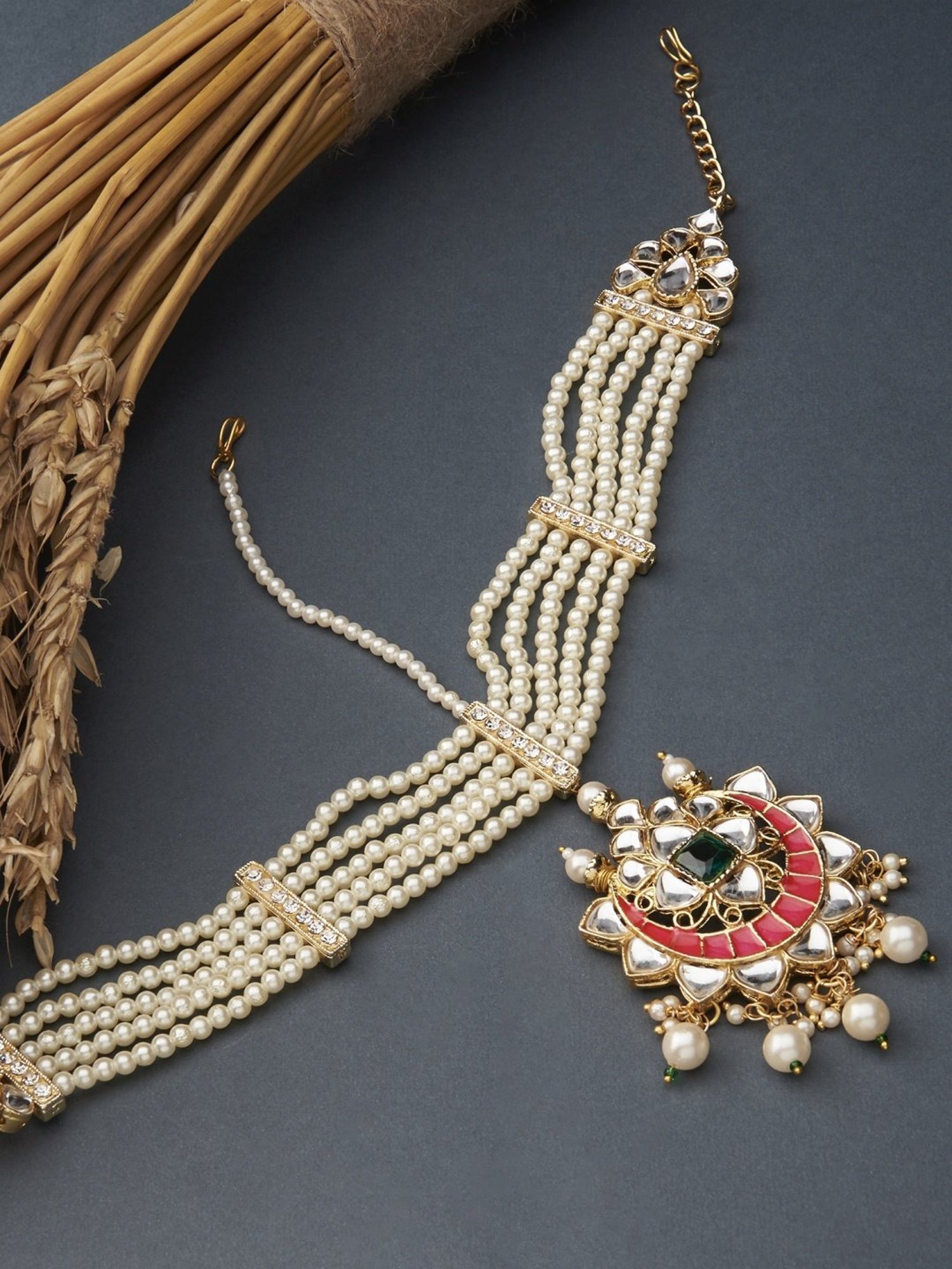 Zaveri Pearls Pink Meenakari Crescent Bridal Kundan Multistrand Pearls MathaPatti-ZPFK13195