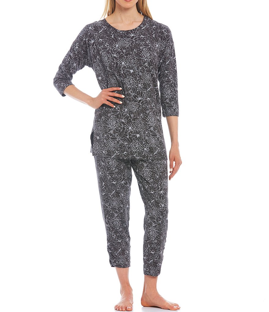 VAN WINKLE & CO. Floral Print Jersey Knit Coordinating Round Neck Long Sleeve Sleep Top