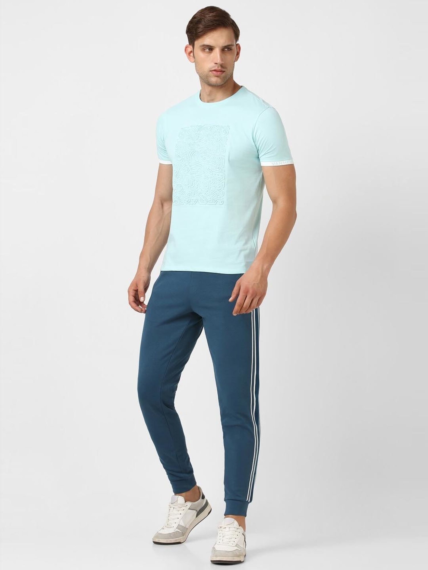 V Dot Blue Cotton Slim Fit Printed T-Shirt