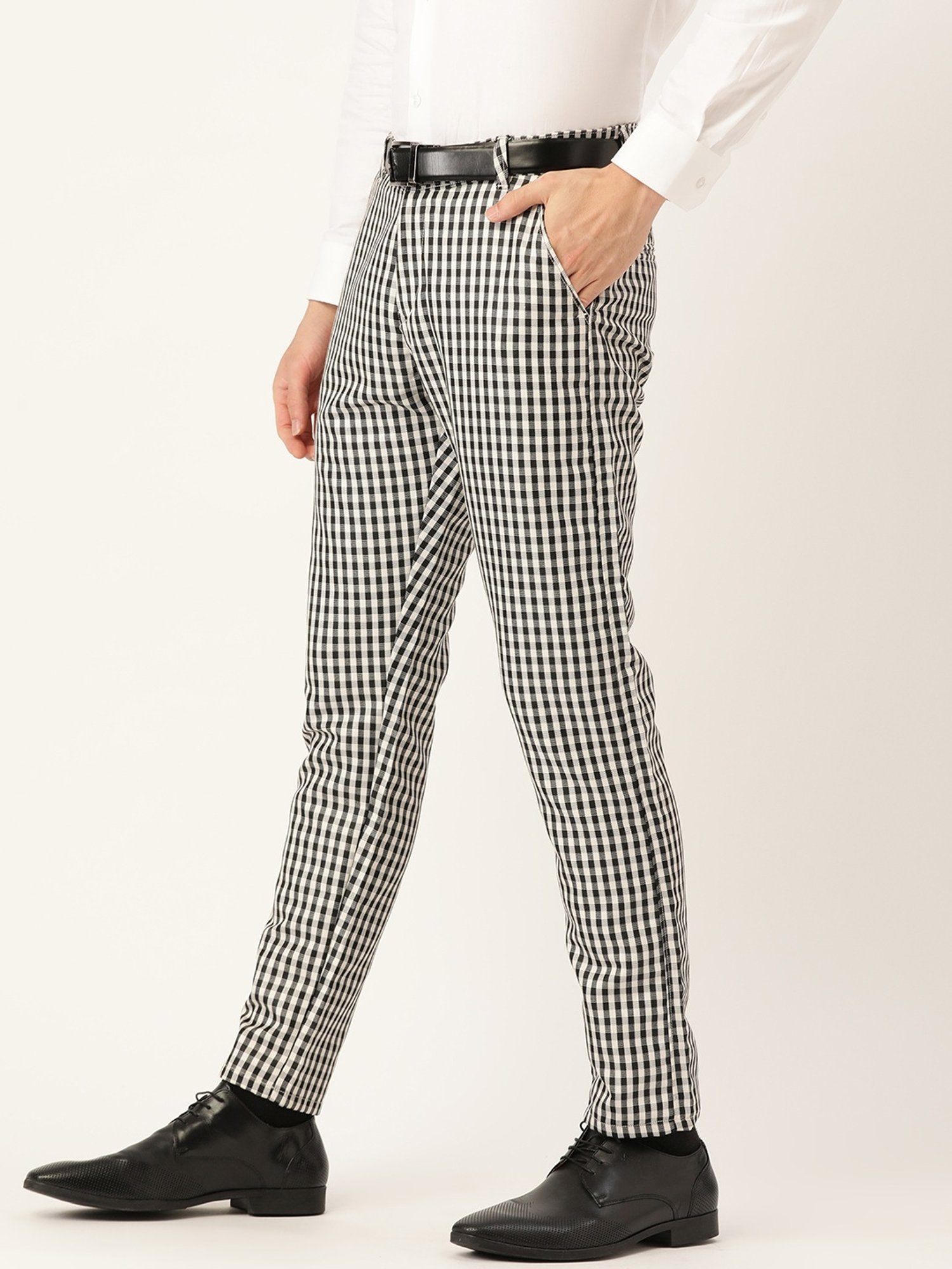Sojanya Black & White Cotton Regular Slim Fit Checks Flat Front Trousers