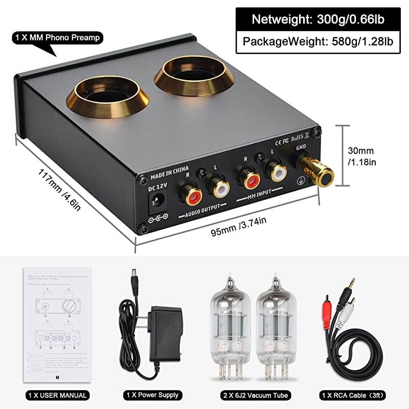 Phono Preamp for Turntable MM Phonograph Stereo Audio Tube Preamplifier with Mini Hi-Fi Stereo, Gain Adjustable Function & DC 12V Power Adapter, Suitable for Record Player