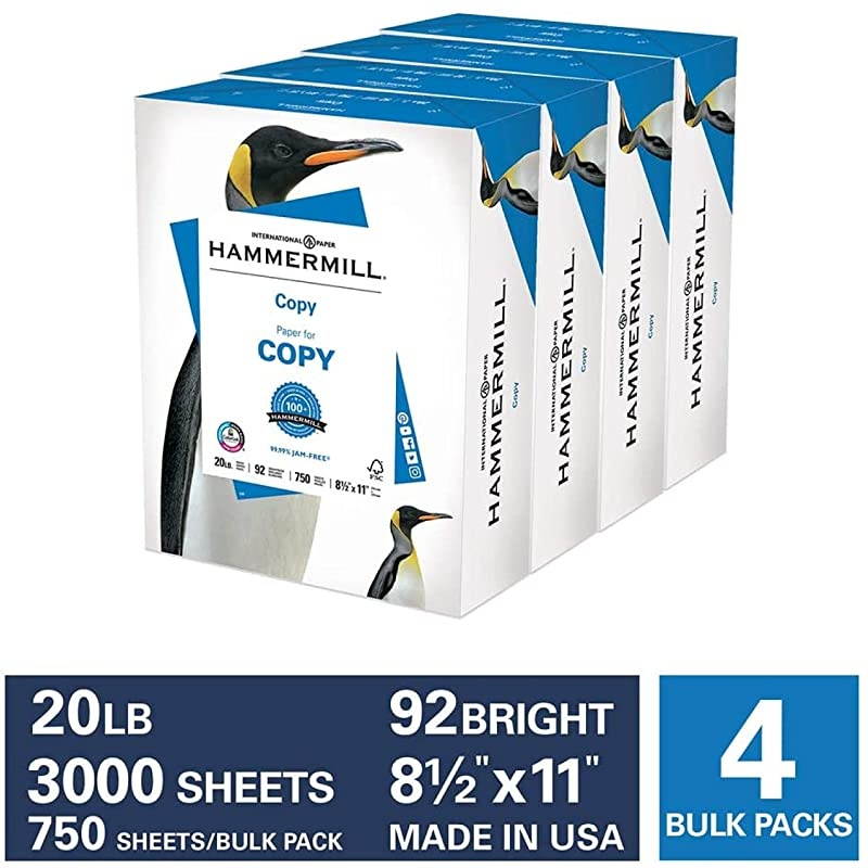 Printer Paper, 20 lb Copy Paper, 8.5 x 11 - 4 Bulk Packs (3000 Sheets) - 92 Bright, Made in the USA