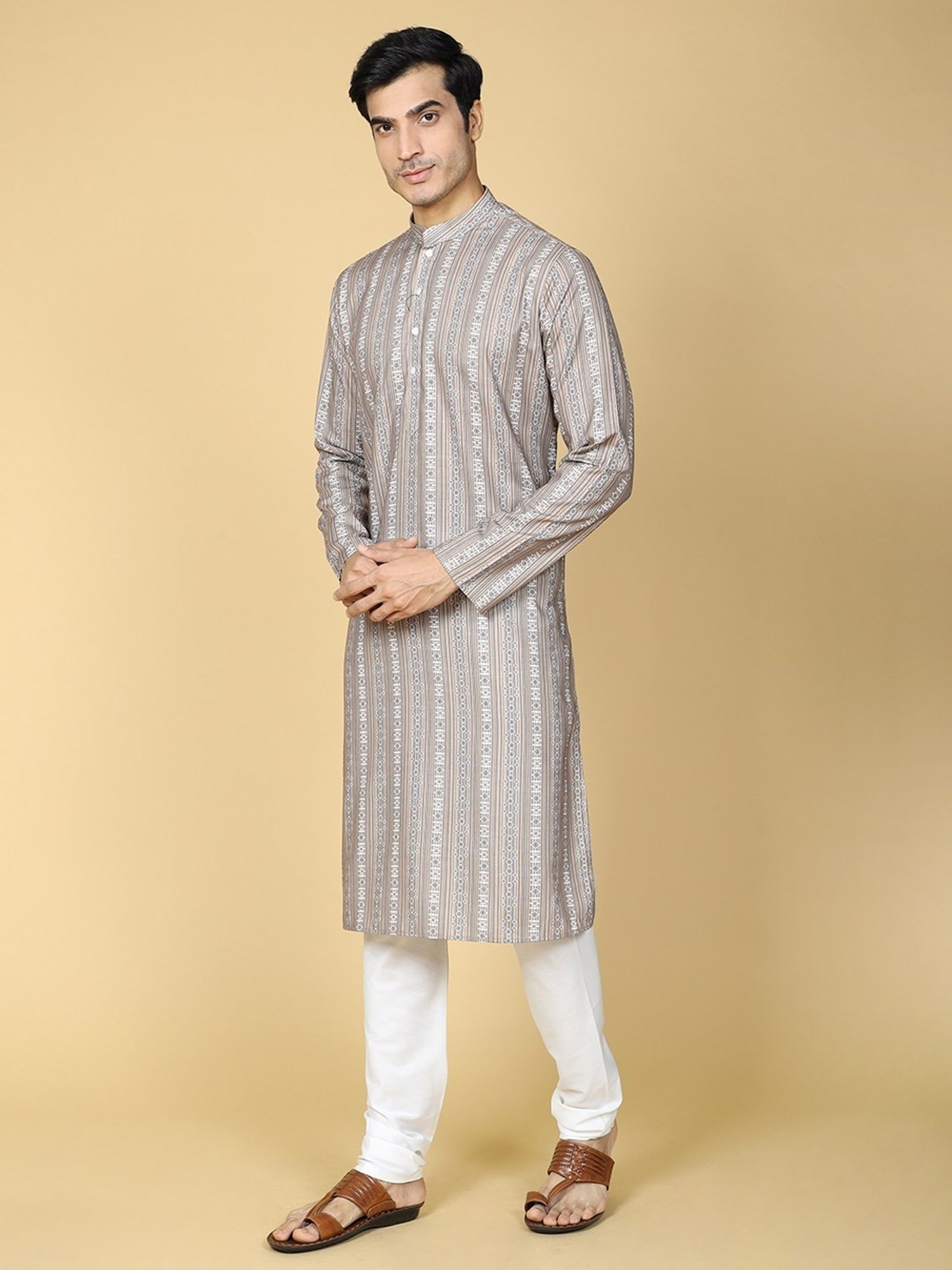 TABARD Mid Beige Cotton Regular Fit Self Pattern Kurta Bottom Set