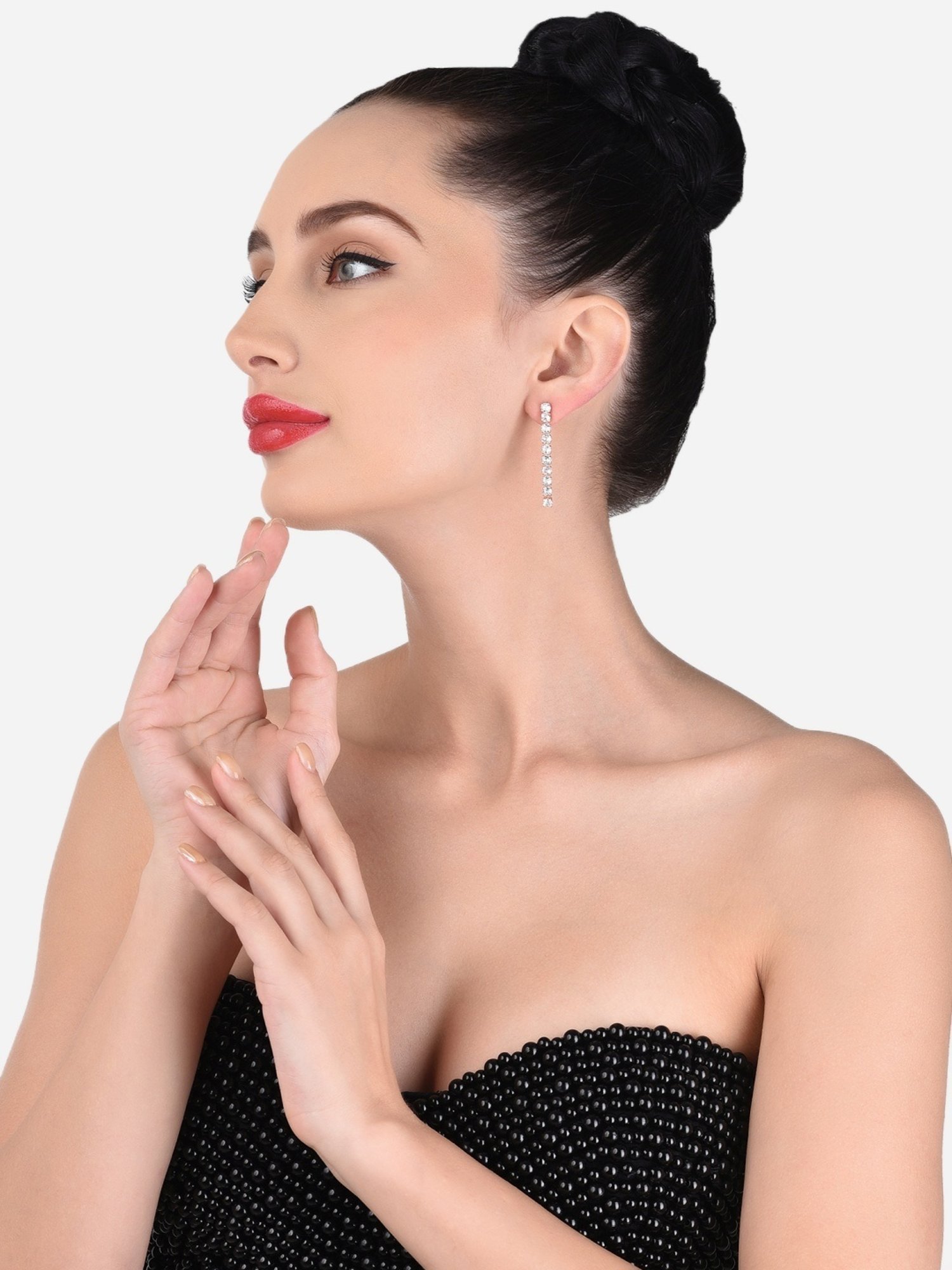 Zaveri Pearls Set of 2 Rose Gold Dazzling Cubic Zirconia Contemporary Drop Earrings - ZPFK13358