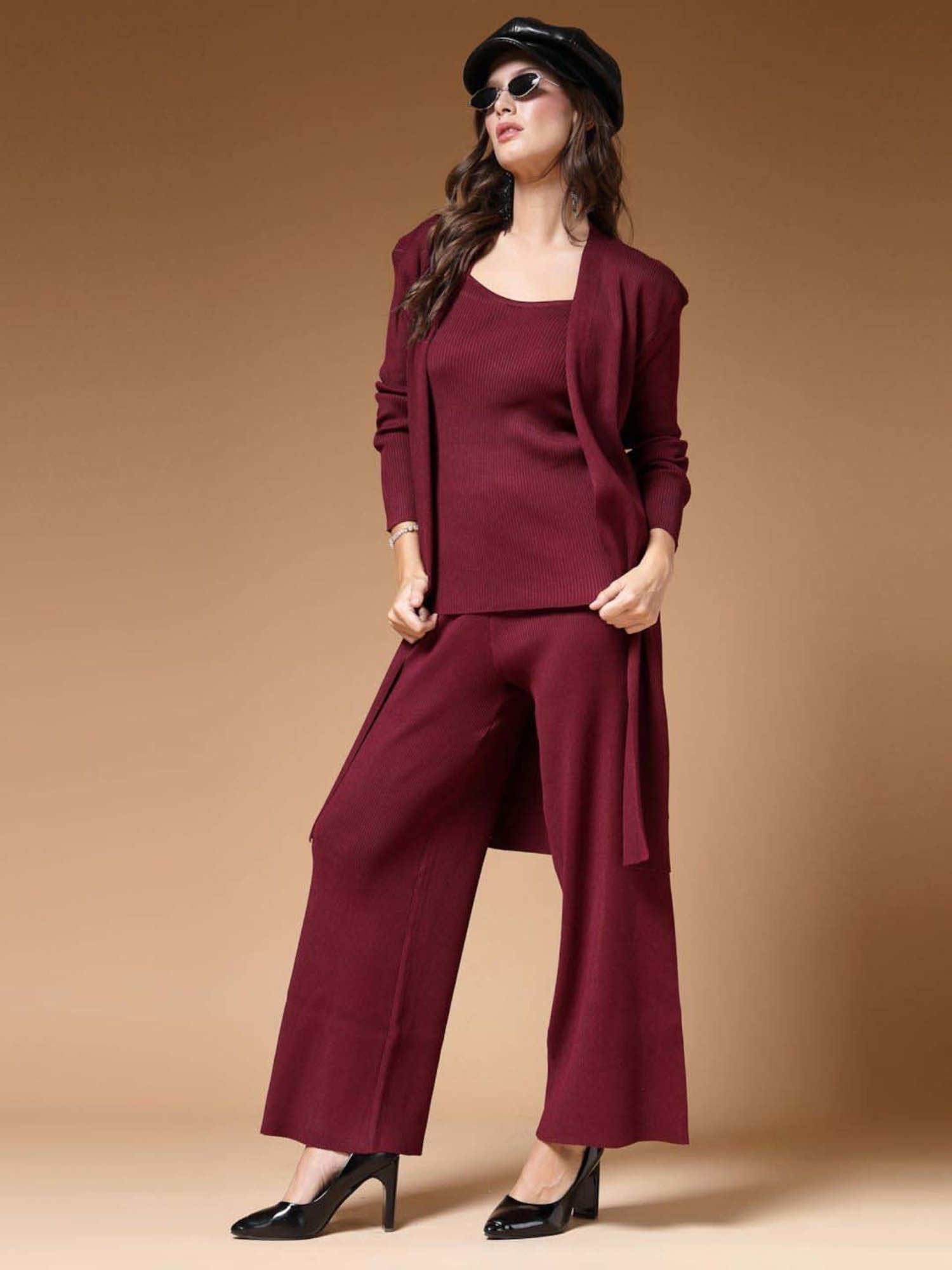 Mafadeny Maroon Plain Top Pants Set With Shrug