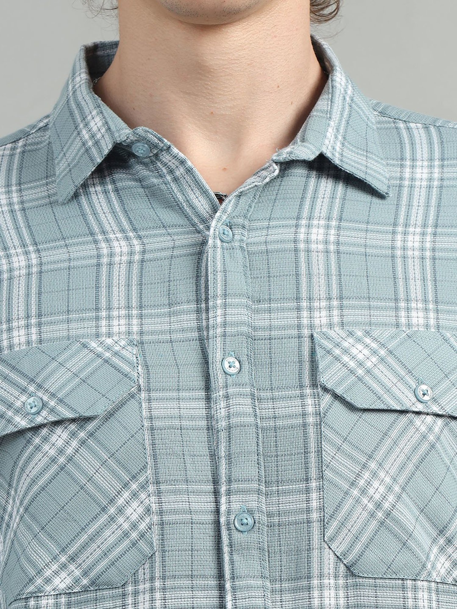Bushirt Light Blue Regular Fit Check Cotton Shirt