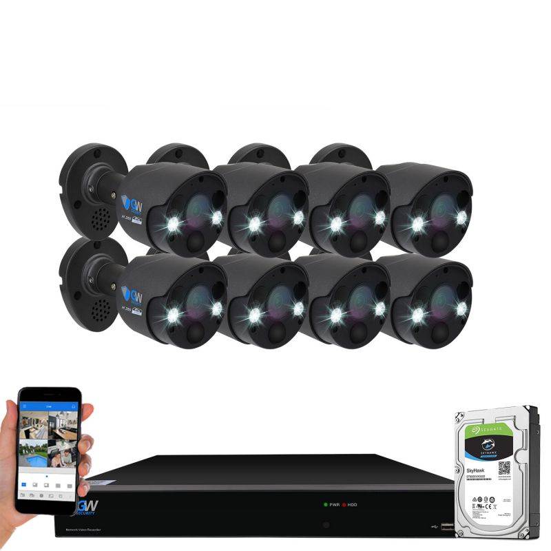 GW Security 2-Way Audio Floodlight 5.0 Megapixel PoE Security Camera System, 8 Channel 4K NVR with 4 x 5MP Full-time Color Night Vision IP Camera, Thermal PIR Heat & Motion Sensing, Two Way Talk