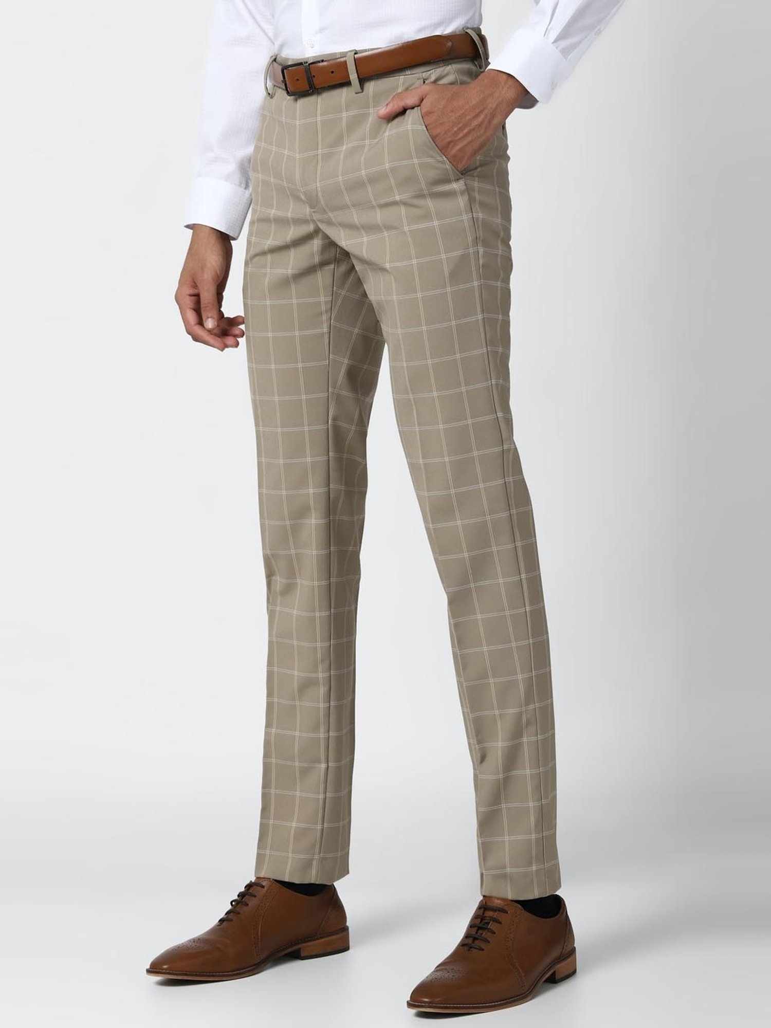 Peter England Khaki Slim Fit Checks Trousers