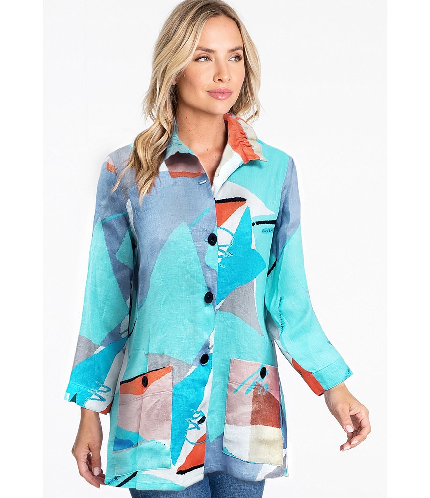 Ali Miles Abstract Print Linen Pocket Blouse