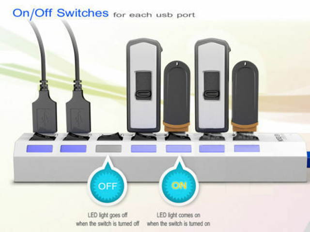 7 Ports Expander USB 3.0 HUB & On/Off Switch Multi USB Splitter with Power Adapter for PC Laptop