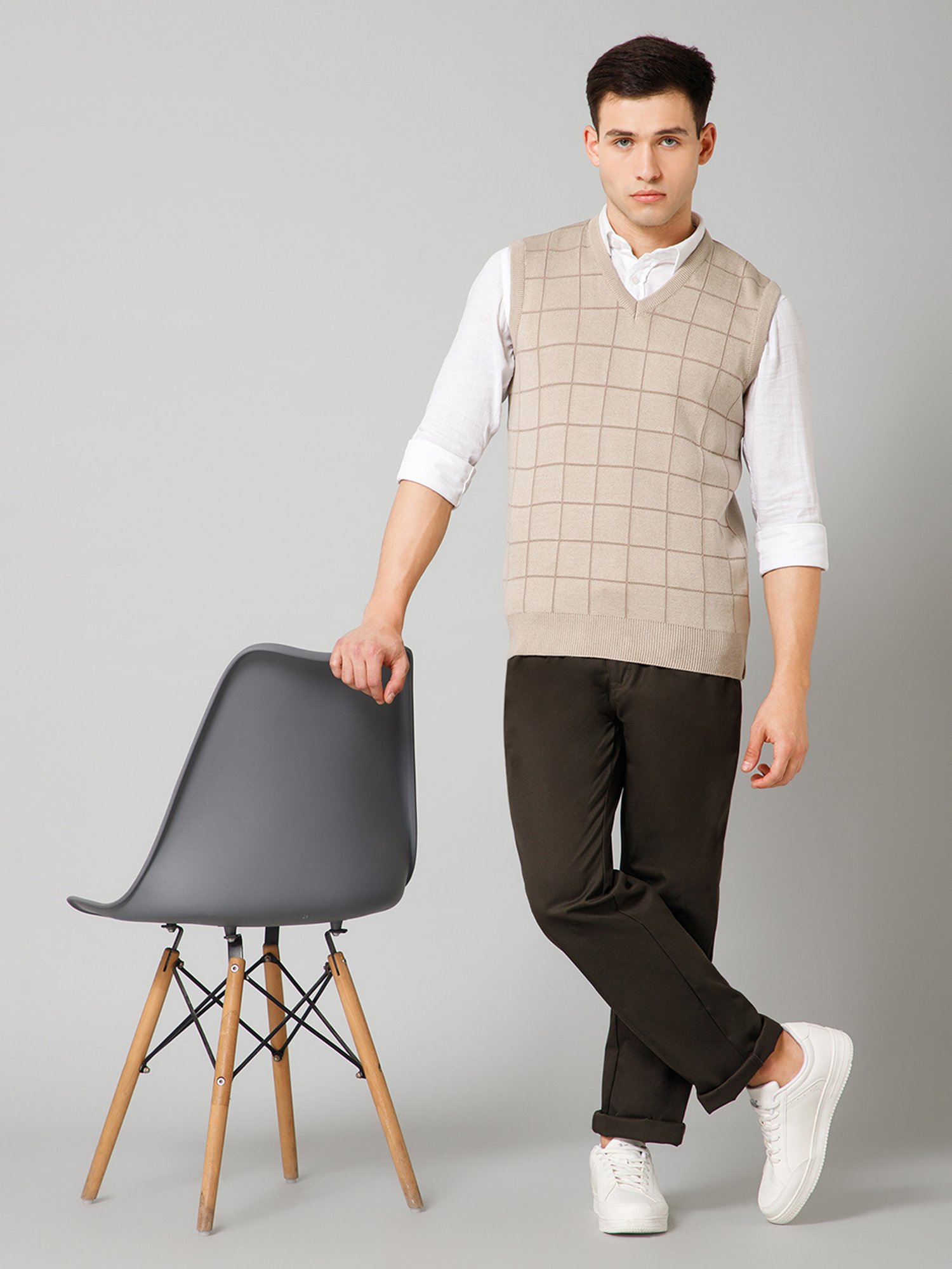 Cantabil Beige Regular Fit Sleeveless Check Sweater