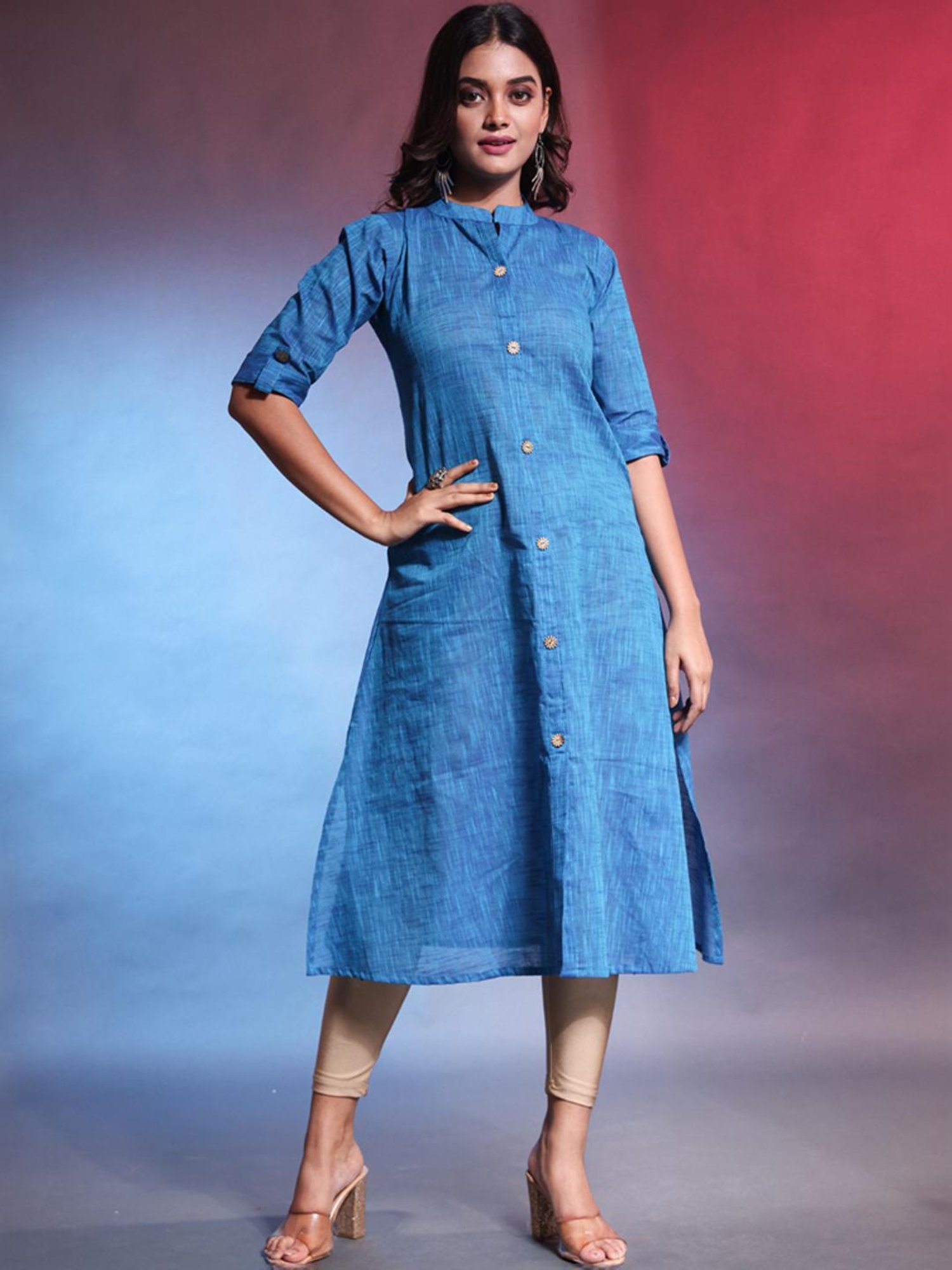 CHARUKRITI Blue Cotton Woven Pattern A Line Kurta