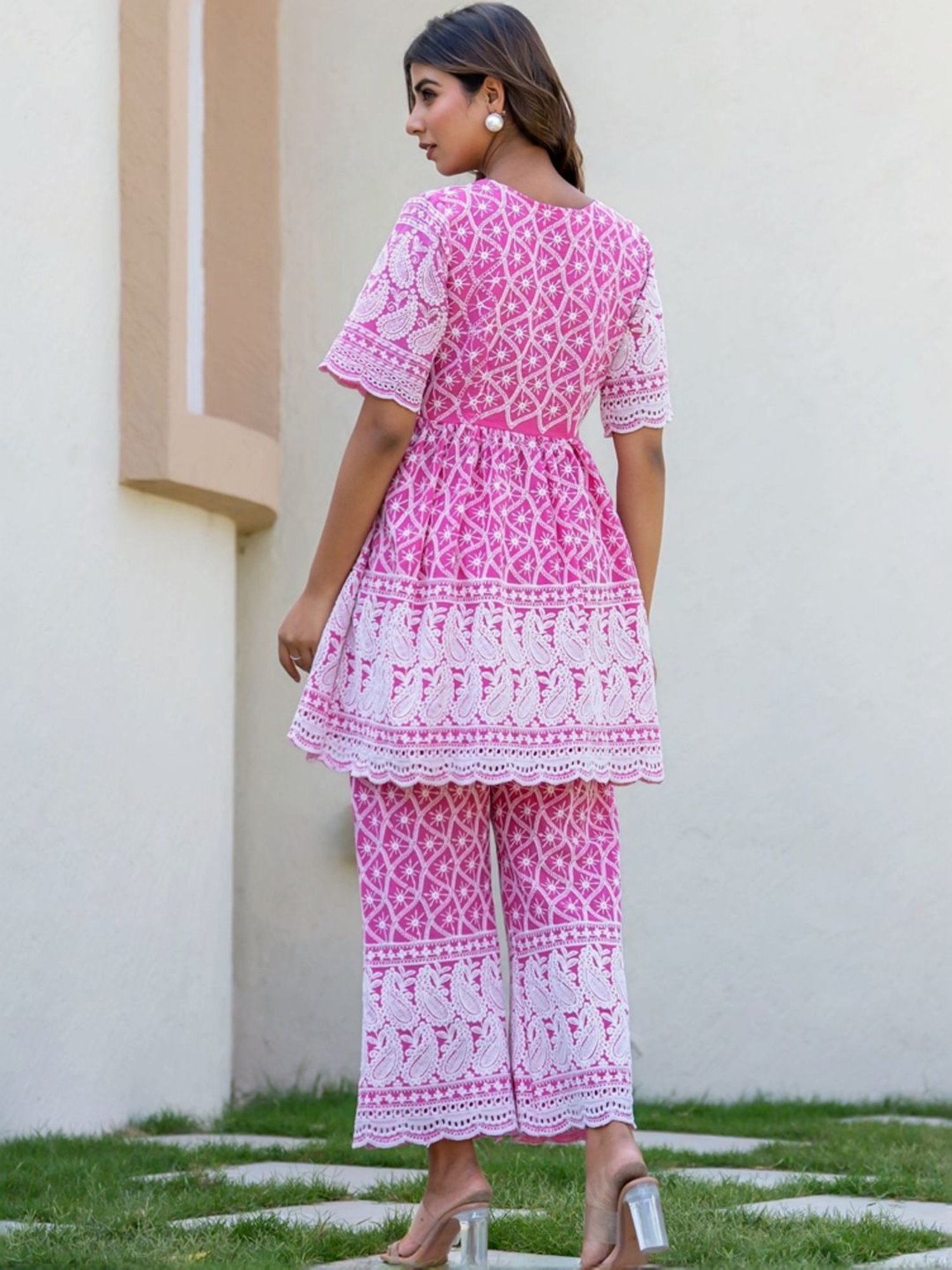 HOUSE OF JAMOTI Pink Cotton Embroidered Tunic Pant Set