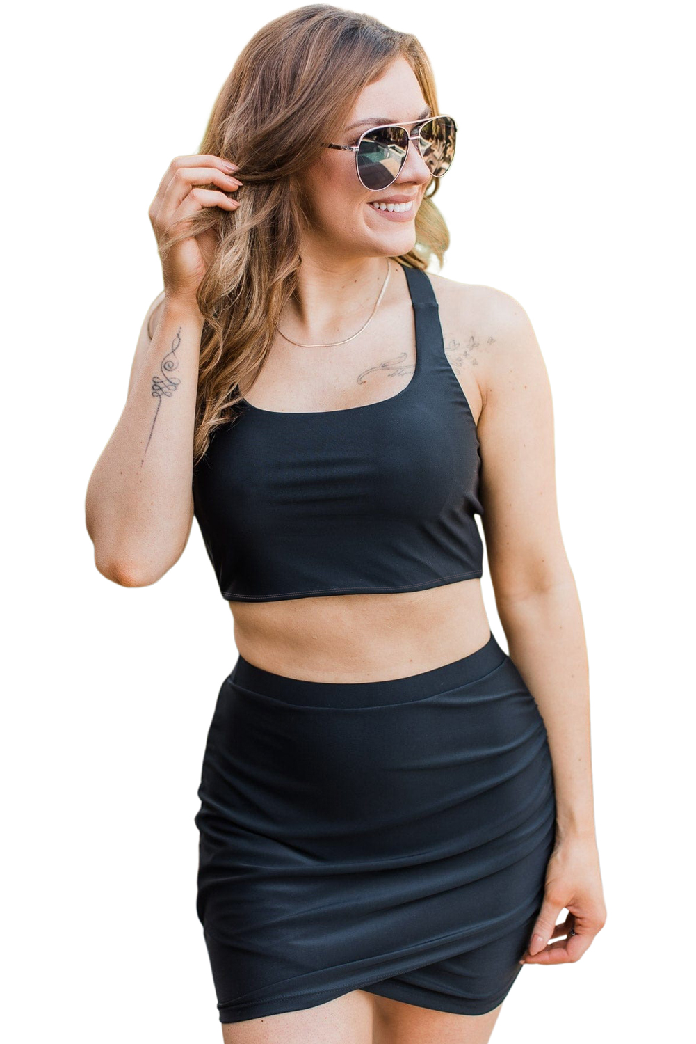 Black Plain Crossover Bikini Tank and Skort Swimwear