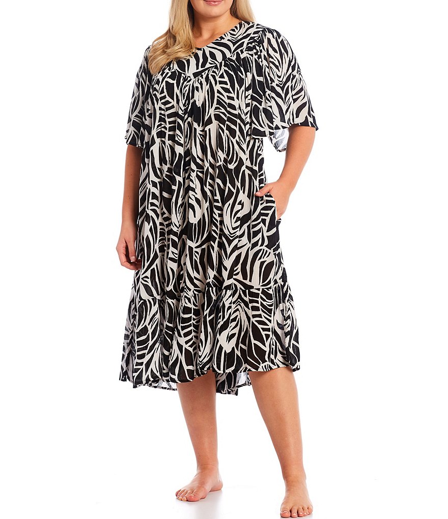 Kate Landry Plus Solid V-Neck Sleeve Midi Lounge Dress